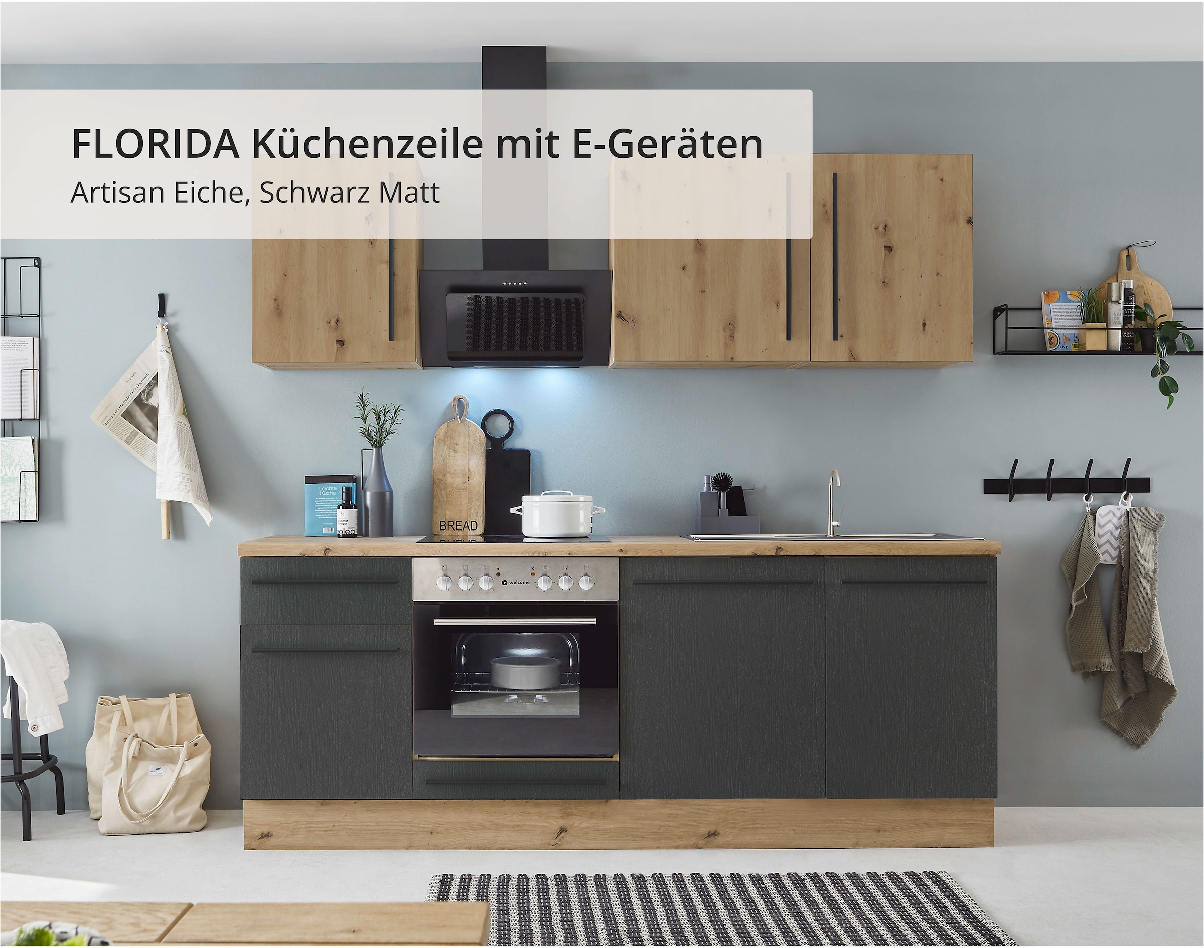 KOCHSTATION Küchenzeile »Florida mit 38mm starker Arbeitsplatte«, Breite 220 cm, wahlweise mit E-Geräten, Soft-Close-Funktion