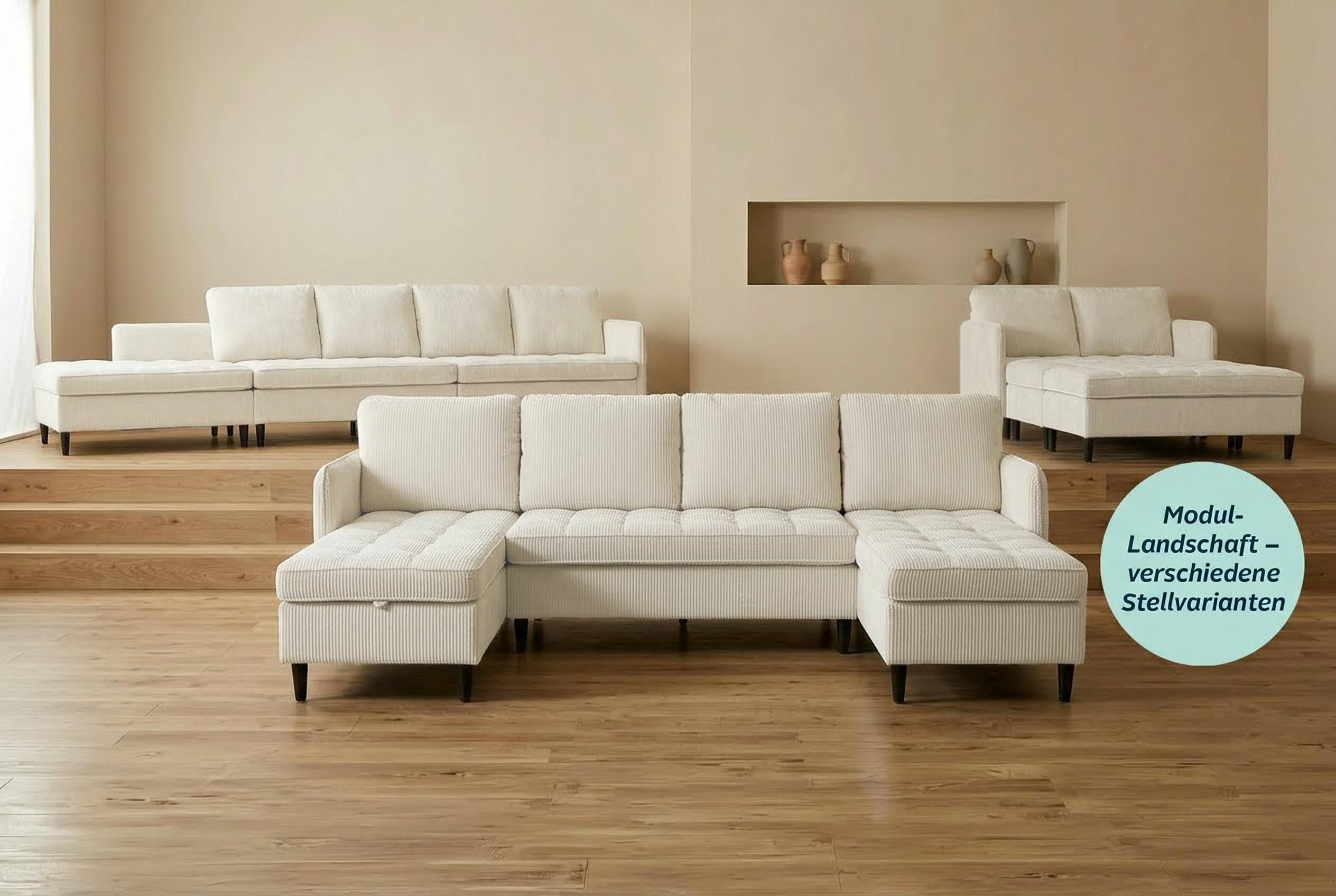 Dorel Home Wohnlandschaft "LINDHUS, Cord, Modulsofa, verschiedene Stellvarianten" Breite als U-Form (254cm) mit Verbindern fixierbar, Recamiere,Stauraum