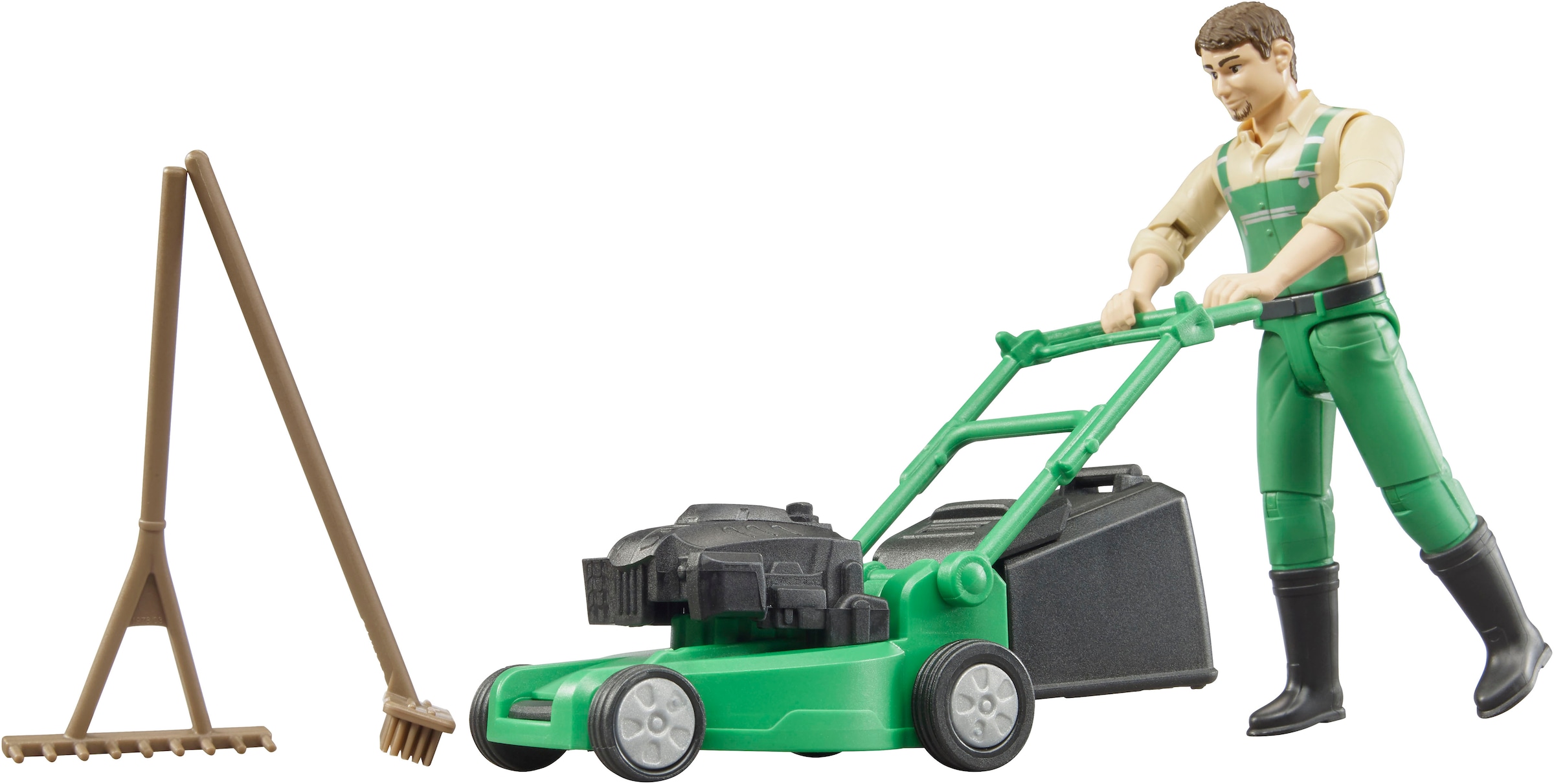 Bruder® Spielfigur »bworld Gärtner mit Rasenmäher und Gartengeräten (62103)«, Made in Europe