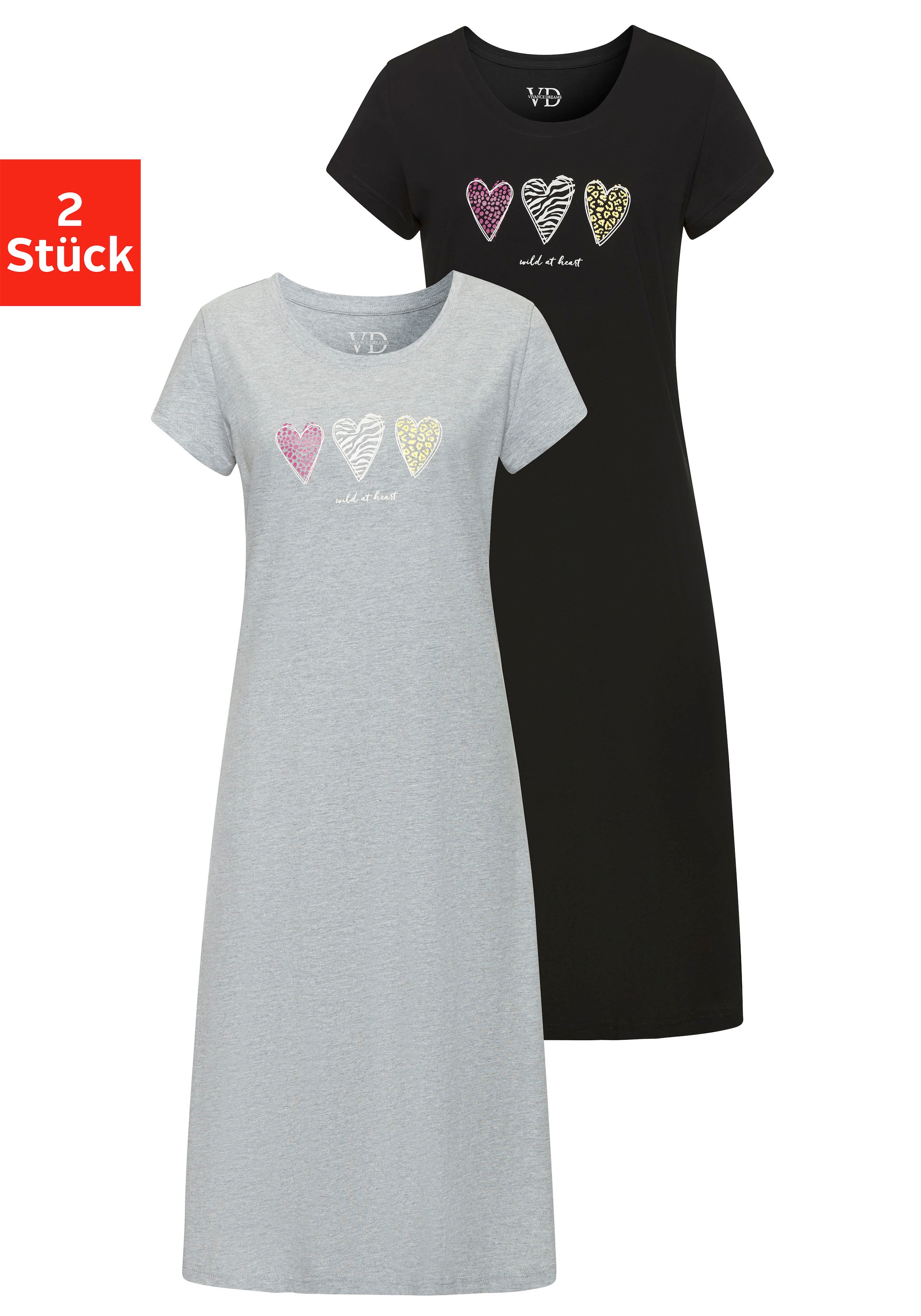 Vivance Dreams Nachthemd, (Set, 2 Stück), mit schönem Herzen-Frontprint günstig online kaufen