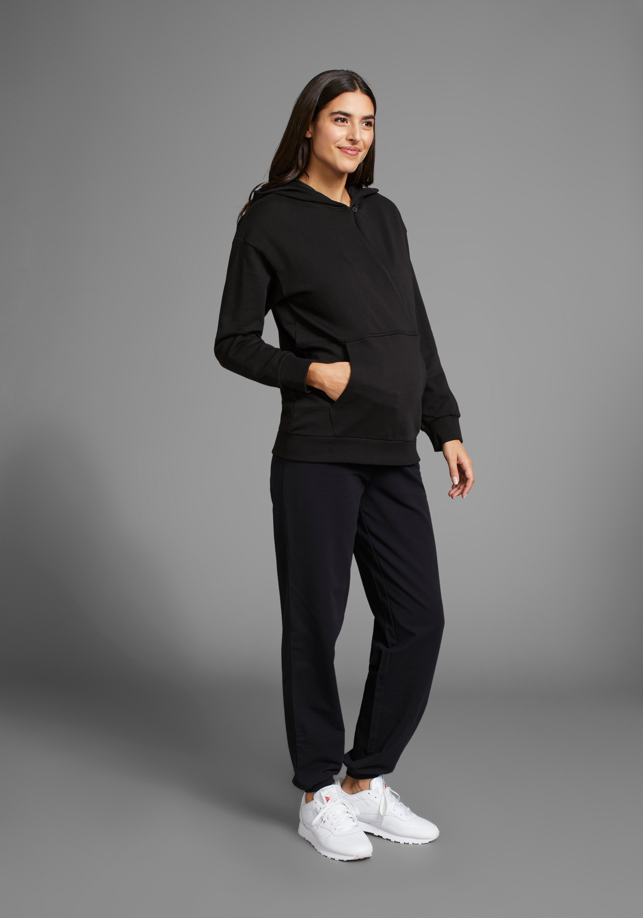 Umstandssweatshirt NEUN MONATE "Stillsweatshirt für Schwangerschaft und Stillzeit", Damen, Gr. 36/38, schwarz, Sweatware, Obermaterial: 100% Baumwolle. Kapuzenfutter: 100% Baumwolle, unifarben, Basic, lässig geschnitten, Sweatshirts, Kapuzen-Sweatshirt mi 3
