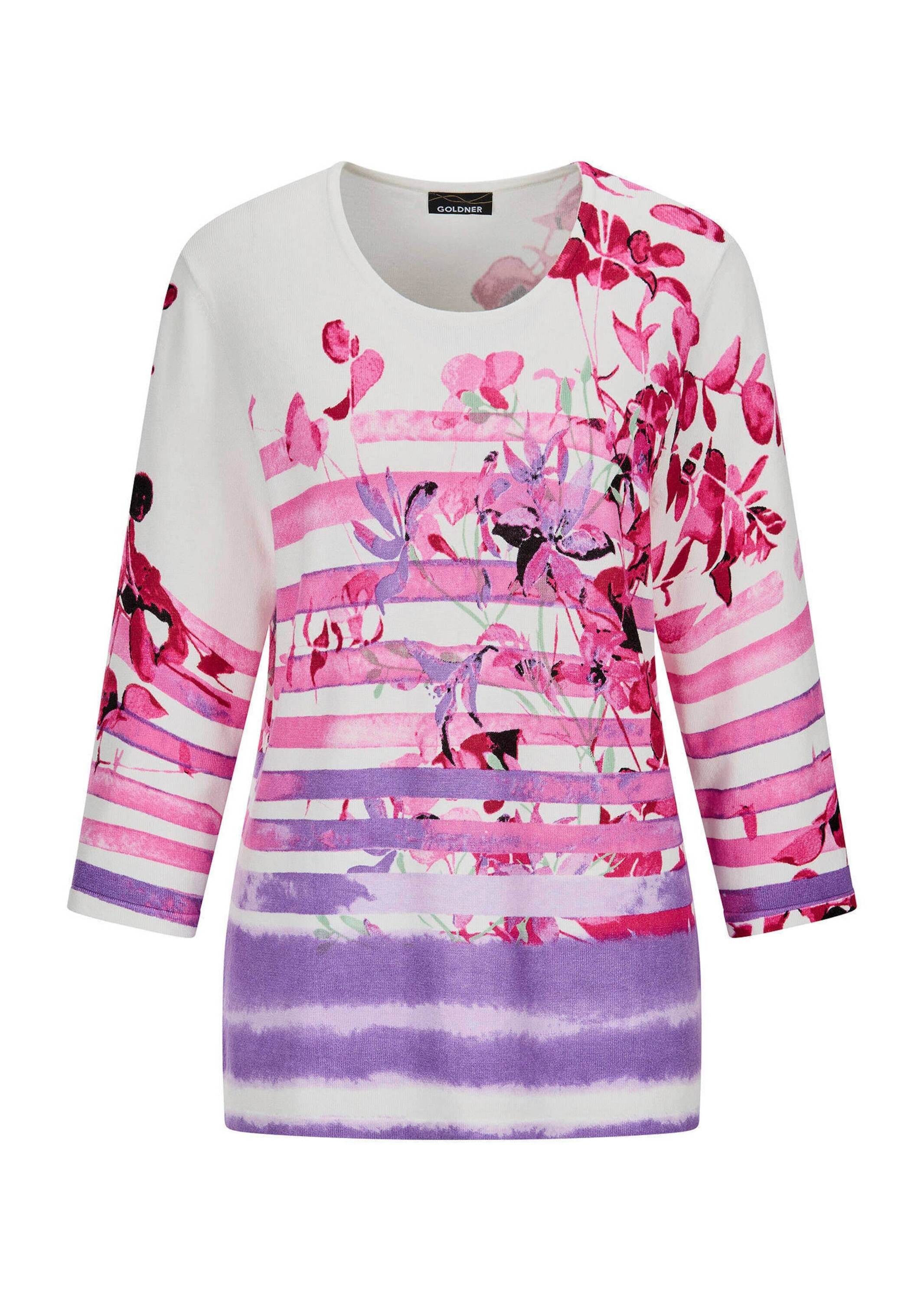GOLDNER Rundhalspullover "Florales Viskoseshirt mit Streifen" Hautsympathis günstig online kaufen