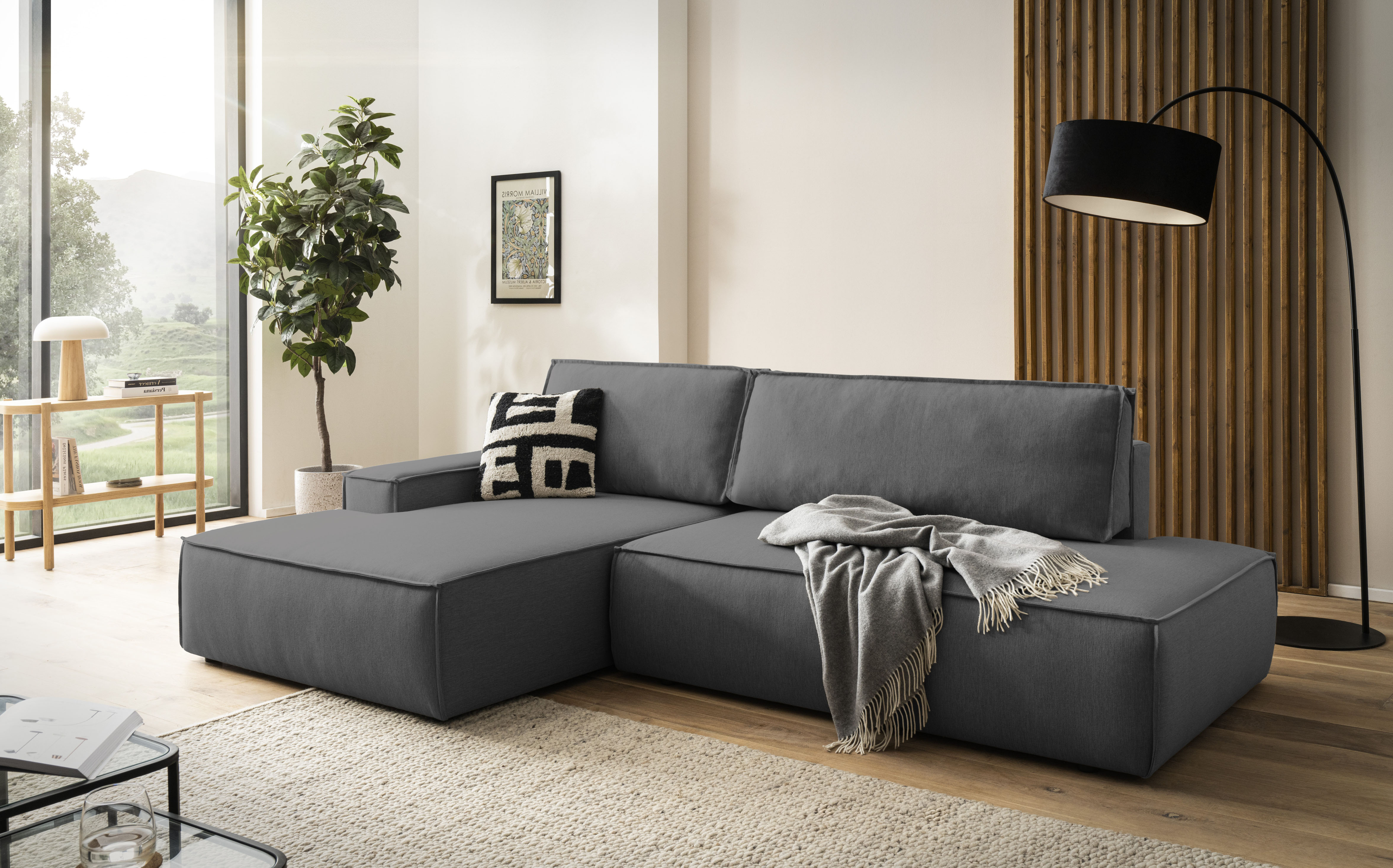 OTTO home Ecksofa "SHERWOOD Leinenoptik Schlafsofa in L-Form offen (275cm)" Schlaffunktion und Bettkasten, Kedernaht, hoher Sitz- & Liegekomfort