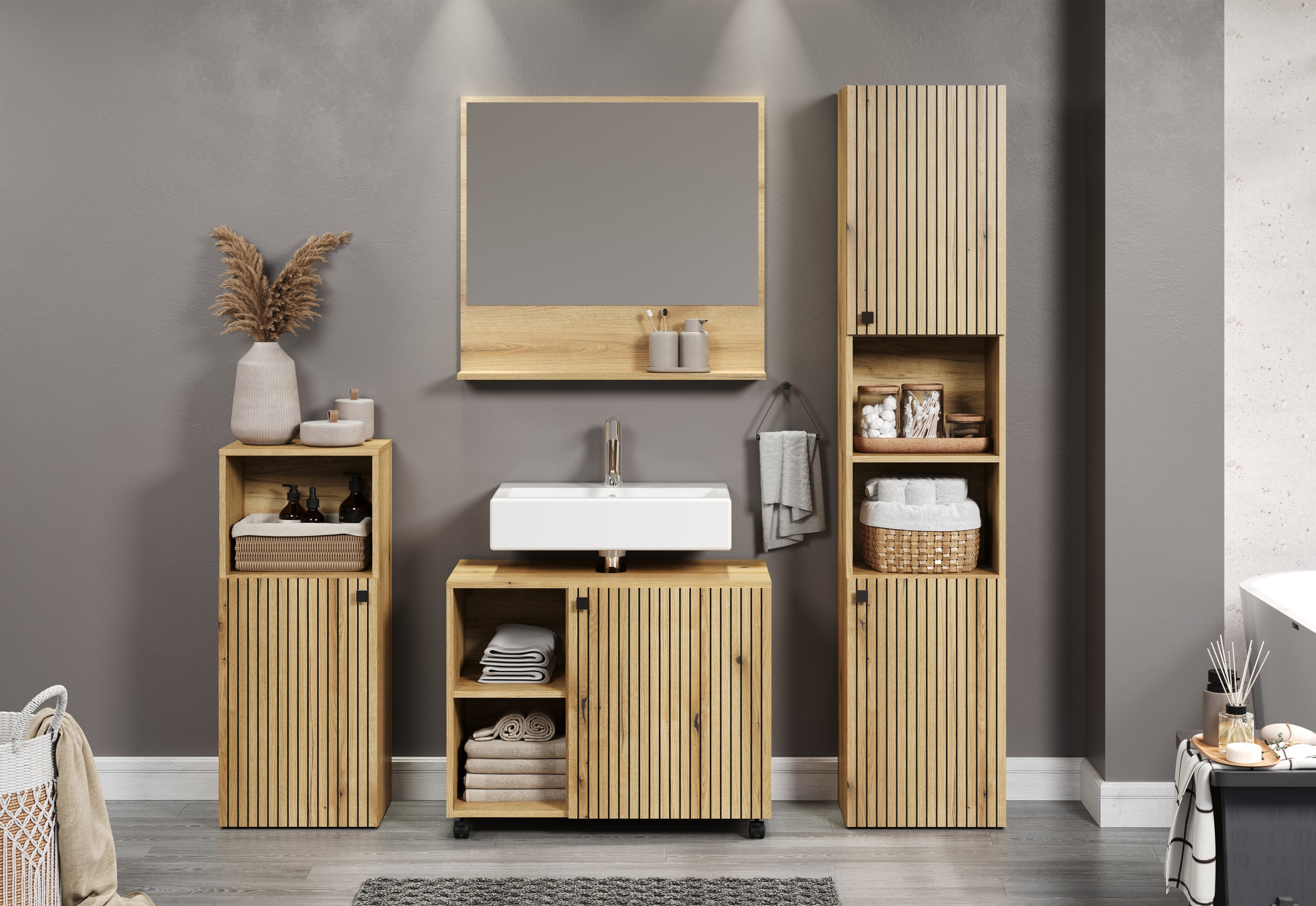 welltime Badmöbel-Set "Amrum Waschbeckenunterschrank Spiegel Hochschrank Ba günstig online kaufen