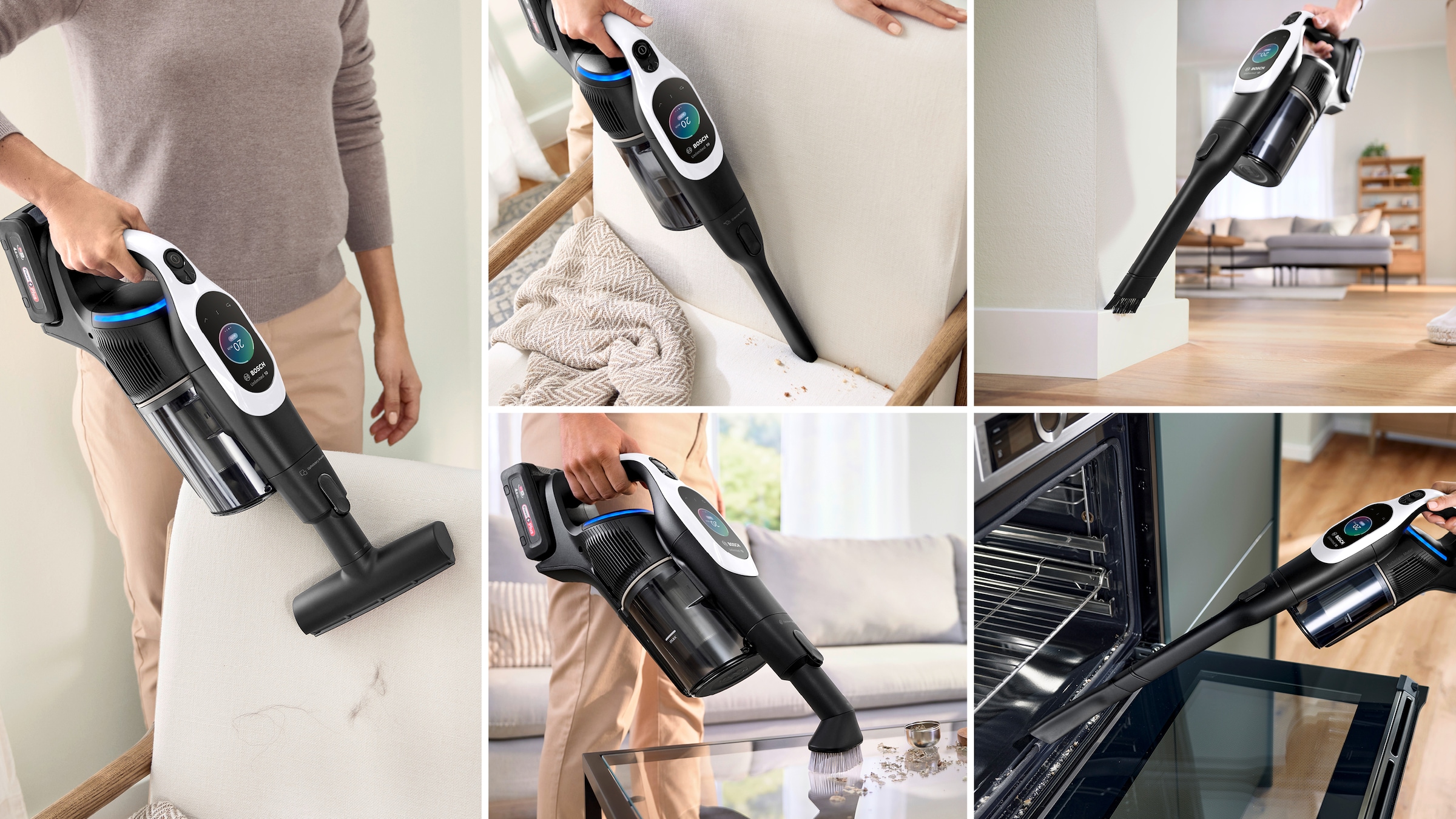 BOSCH Akku-Stielstaubsauger »Unlimited 10 BTS1042WAC, MicroClean™ Technology, 10 J. Motorgarantie«, Display, Knickrohr, HEPA-Filtersystem, Schnellladegerät, 2 Akkus, weiß