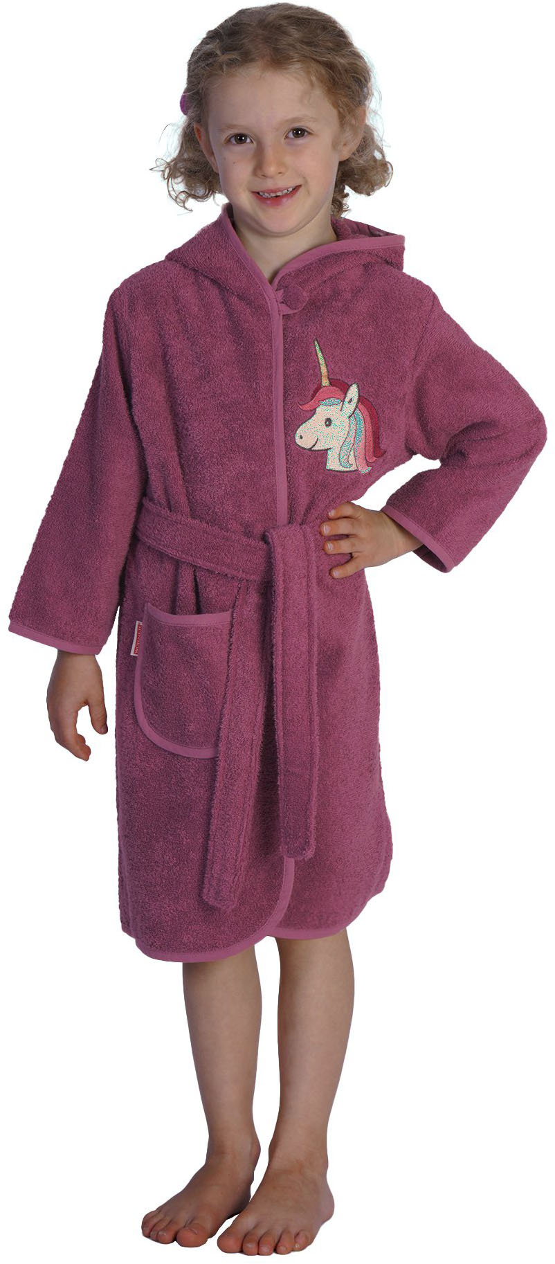 Kinderbademantel WÖRNERlight mauve, Baumwolle, Hausmäntel, "Einhorn", mit Stickerei, mit Tasche, maschinenwaschbar