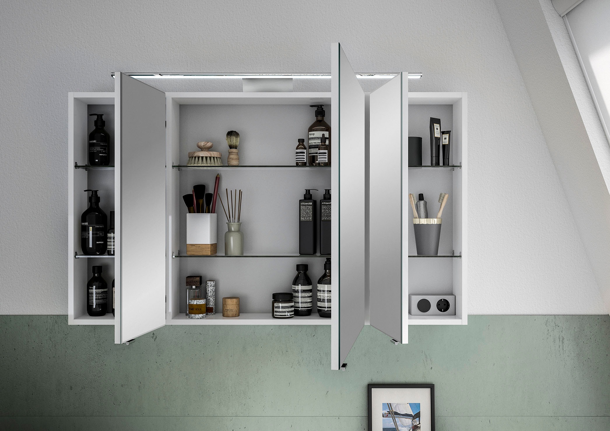 Saphir Spiegelschrank »6005 Sprint Badschrank, 3 Spiegeltüren, 6 Einlegeböden, 120 cm breit«, inkl. LED-Beleuchtung, Türdämpfer, Schalter-/Steckdosenkombination