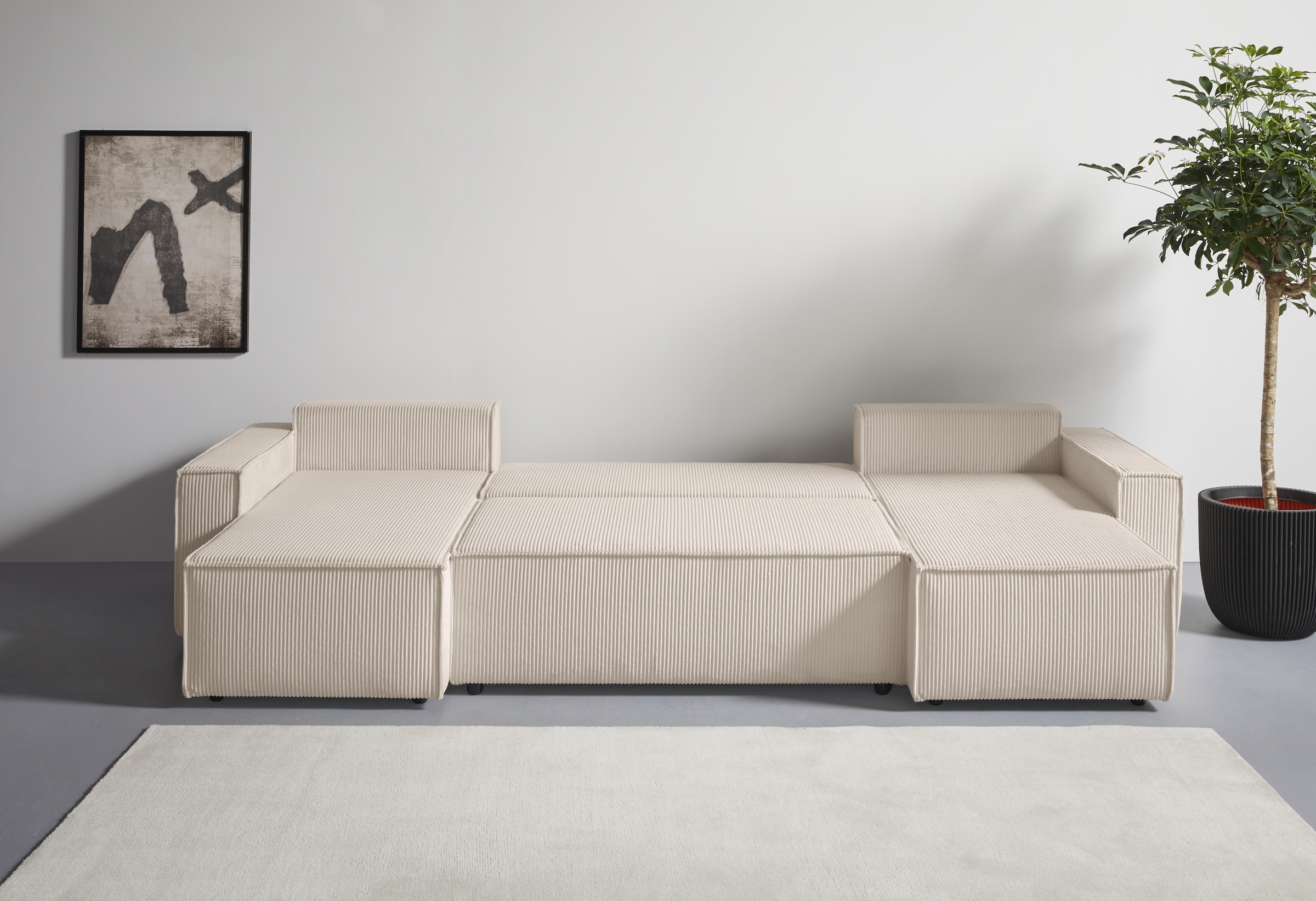 OTTO home Wohnlandschaft »Cassi, 311 cm, U-Form, Schlafsofa, Dauerschläfer, Boxspringfederung«, Schlaffunktion (133/270cm), Bettkasten, Seitentaschen, Cord-Bezug
