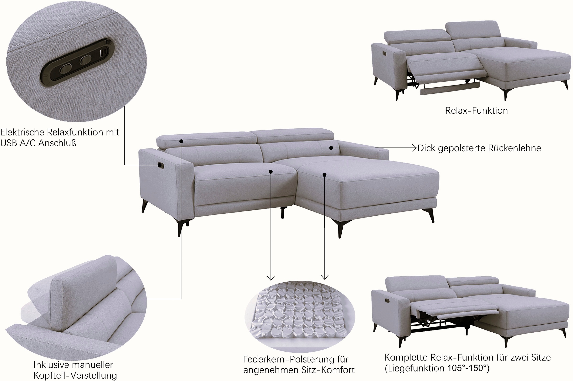 Thumbnail - OTTO home Ecksofa "LEWII, L-Form, 213 cm - elektr. Relaxfunktion" mit USB A/C-Anschluss. Federkern, verstellbaren Kopfst...