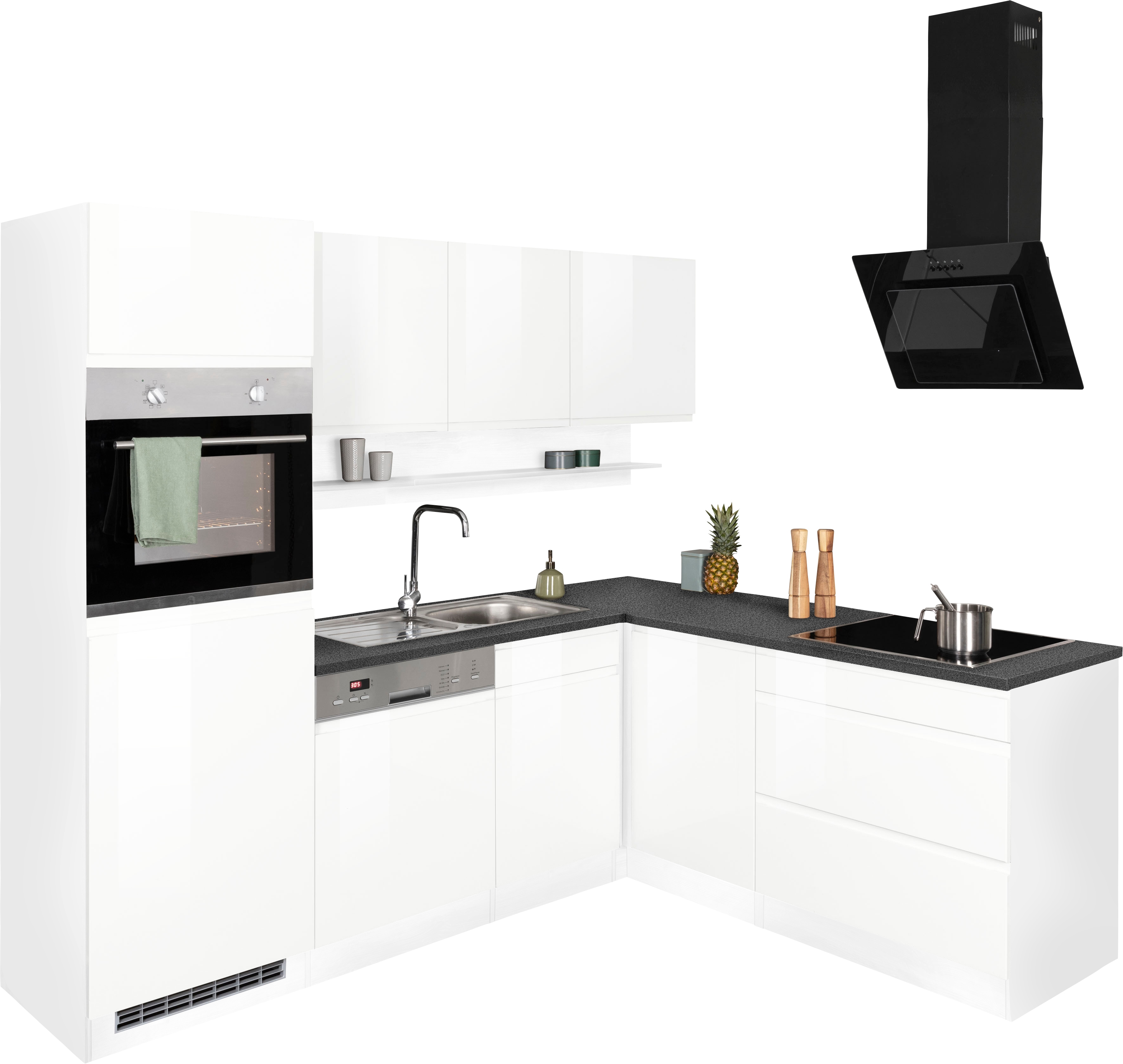 KOCHSTATION Winkelküche "KS-Virginia,neu in verbesserter Ausführung" Arbeitsplatte 38 mm stark, Stauraum, Softclose, Stellbreite 230/190 cm, Soft-Close,wahlweise mit Induktion