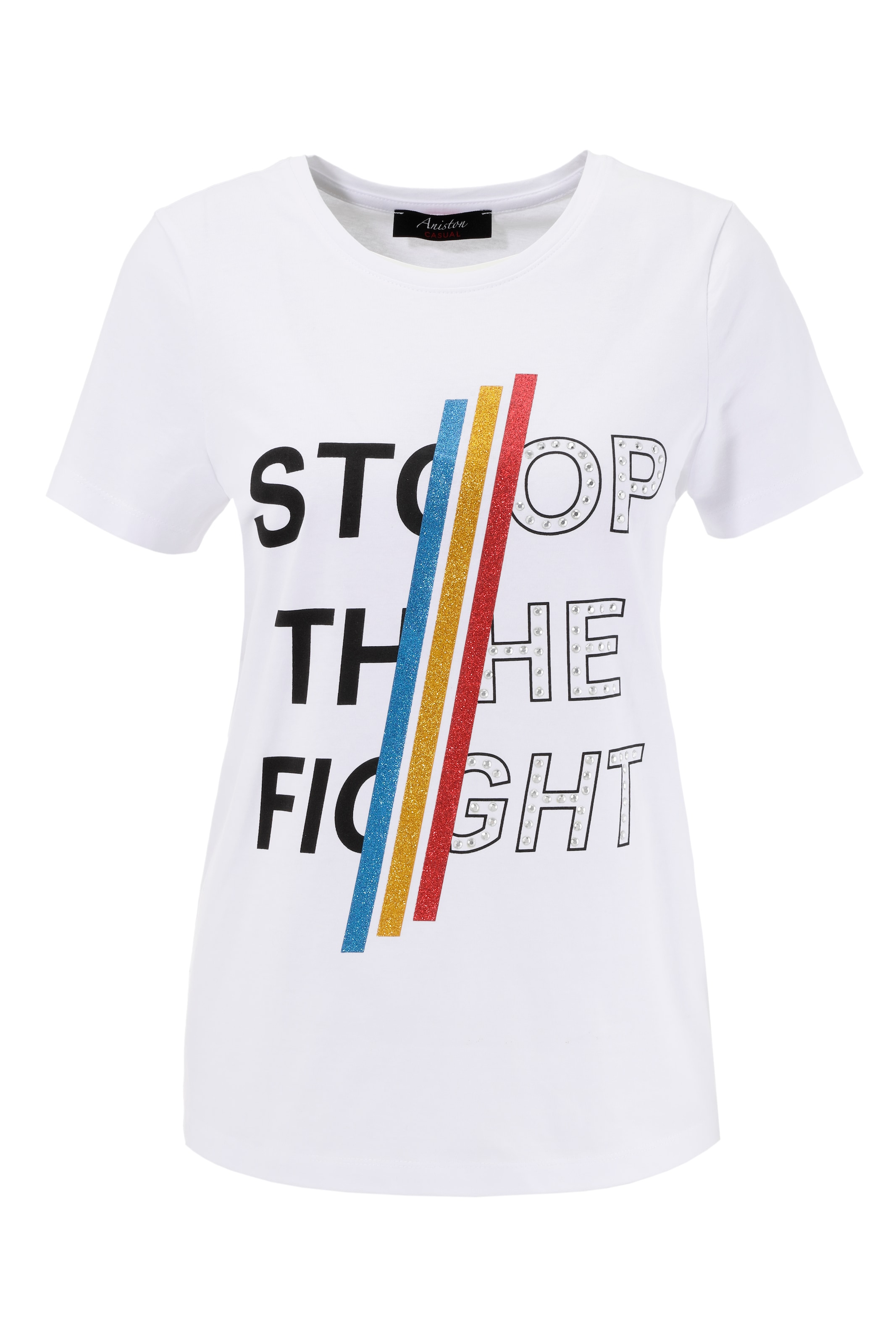 Aniston CASUAL Print-Shirt, | BAUR Nieten NEUE bunten KOLLEKTION mit - und Glitzerstreifen, Schriftzug bestellen für