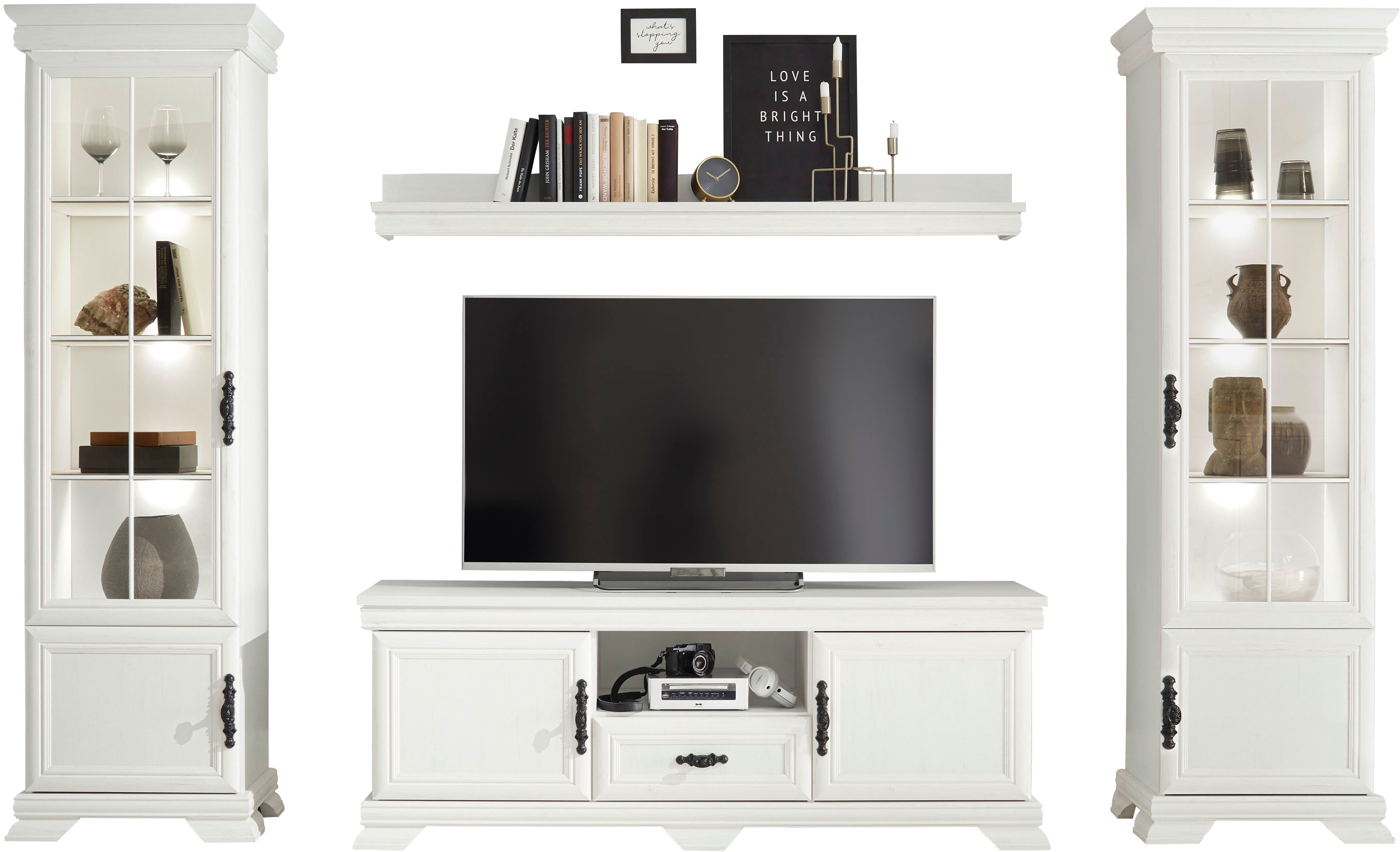 OTTO home Wohnwand "Royal, Anbauwand im Landhausstil, Komplettset, Wohnzimmer-Set" bestehend aus 2 Vitrinen, 1 Lowboard und 1 Wandboard, 4 Stk. tlg.