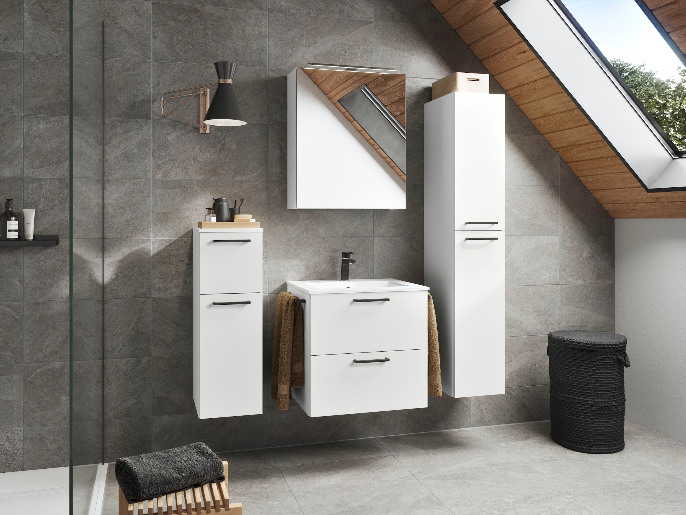 nobilia® Badmöbel-Set »Tolvina« vormontiert, mit Soft-Close, 4 Stk. tlg. inkl. Spiegelschrank mit Beleuchtung und Dimmerfunktion, in 4 Breiten