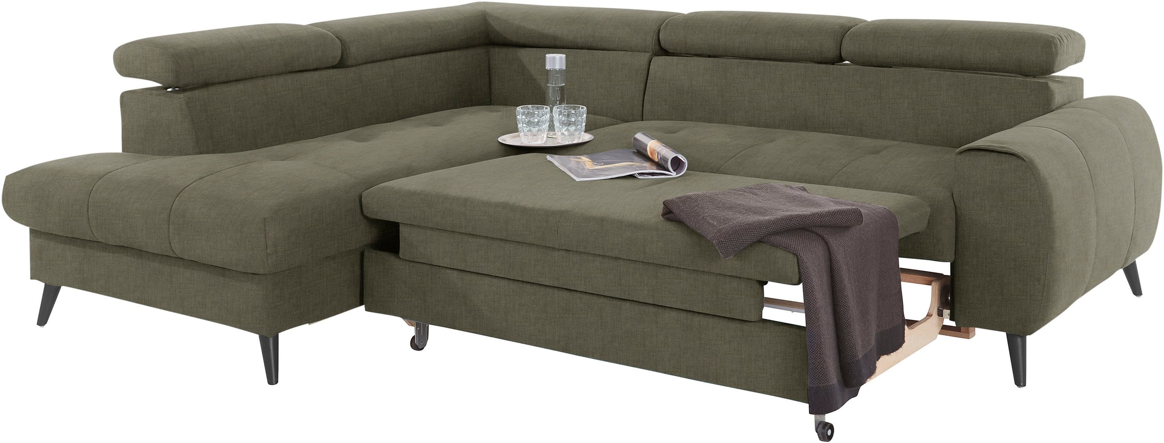 COTTA Ecksofa »Mia L-Form mit 3 Zierkissen«, wahlweise mit Bettfunktion, Bettkasten, Beleuchtung & Wireless-Charger