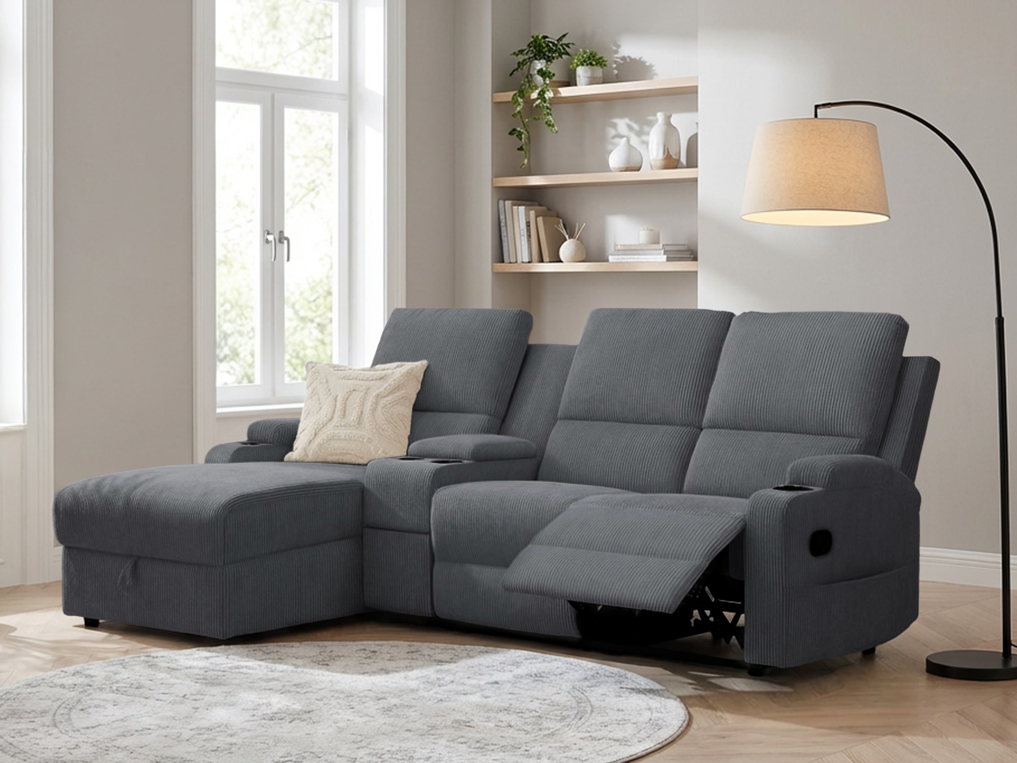 OTTO home Ecksofa "NAPORI Cord, Multimediasofa, 3er Kinosessel XXL, L-Form" Kinosofa, manuelle o. elektr. Relaxfunktion, Staufach, Getränkehalter