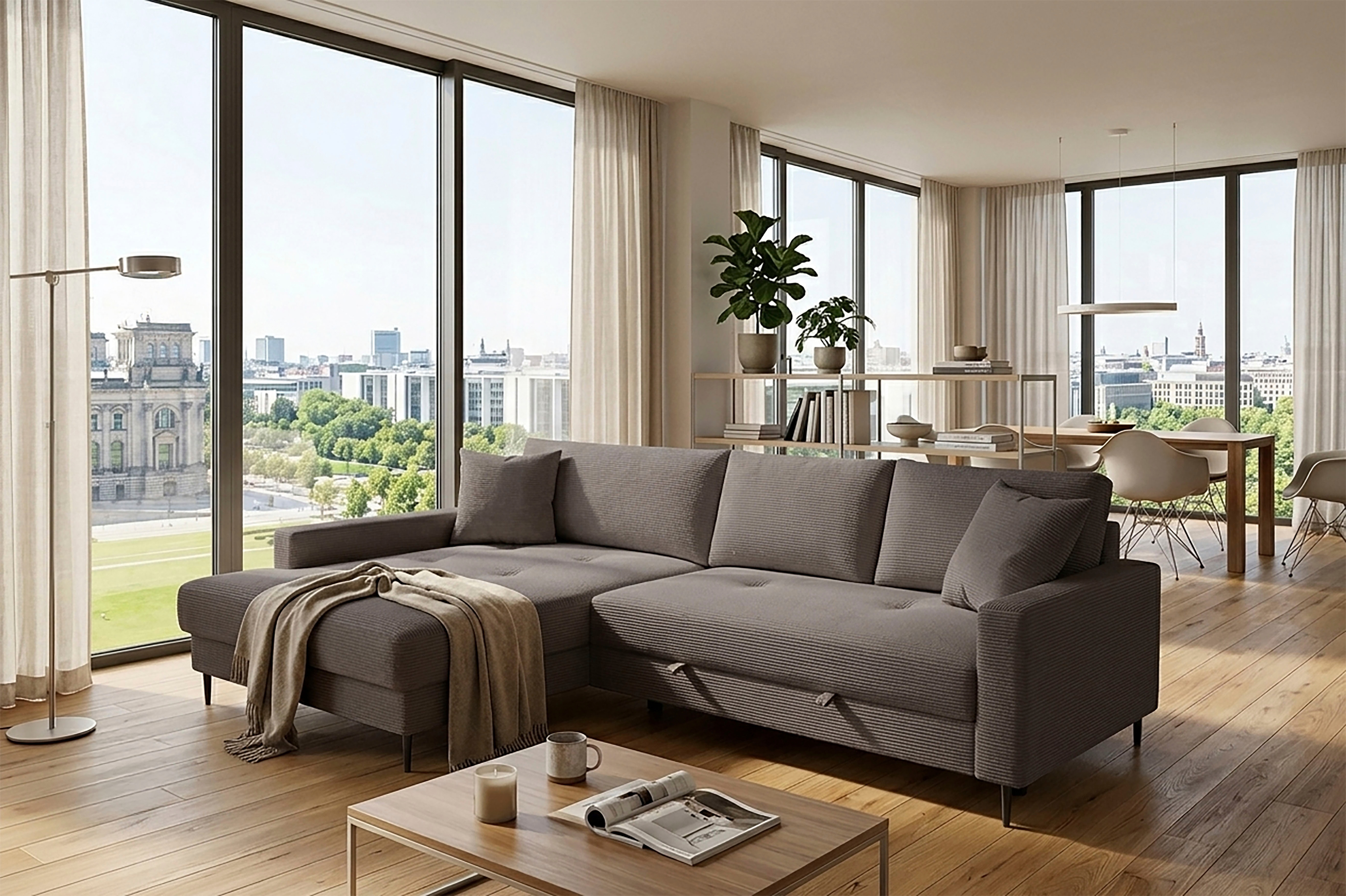Trends by HG Ecksofa "Summer L-Form, B: 284 cm, Schlaffunktion, 2 Zierkissen" mit Kopfstützen, Wellenfederung, frei stellbar