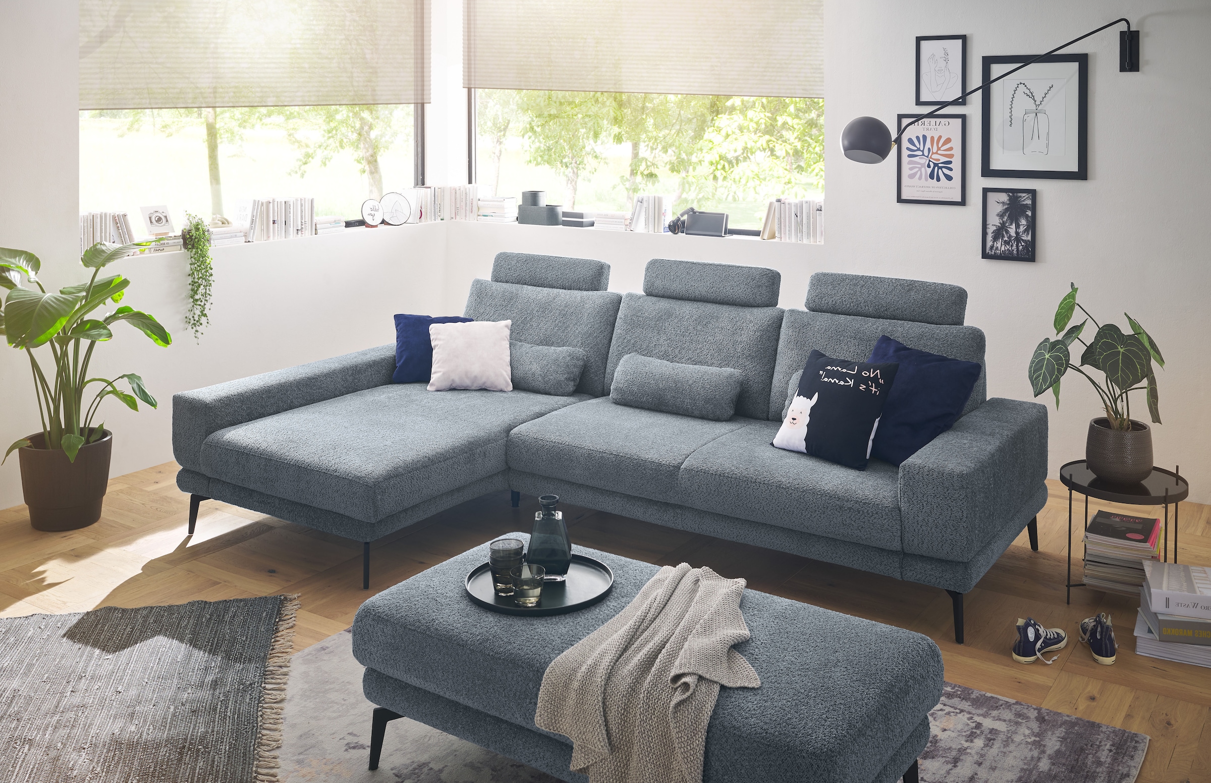 set one by Musterring Ecksofa »SO 3600, inkl motor. Sitztiefenverstellung, Kopfstützen, Nierenkissen«, Sitzhöhe 42 cm, Federkern, Breite 293 x Tiefe 180 cm, Kama blue