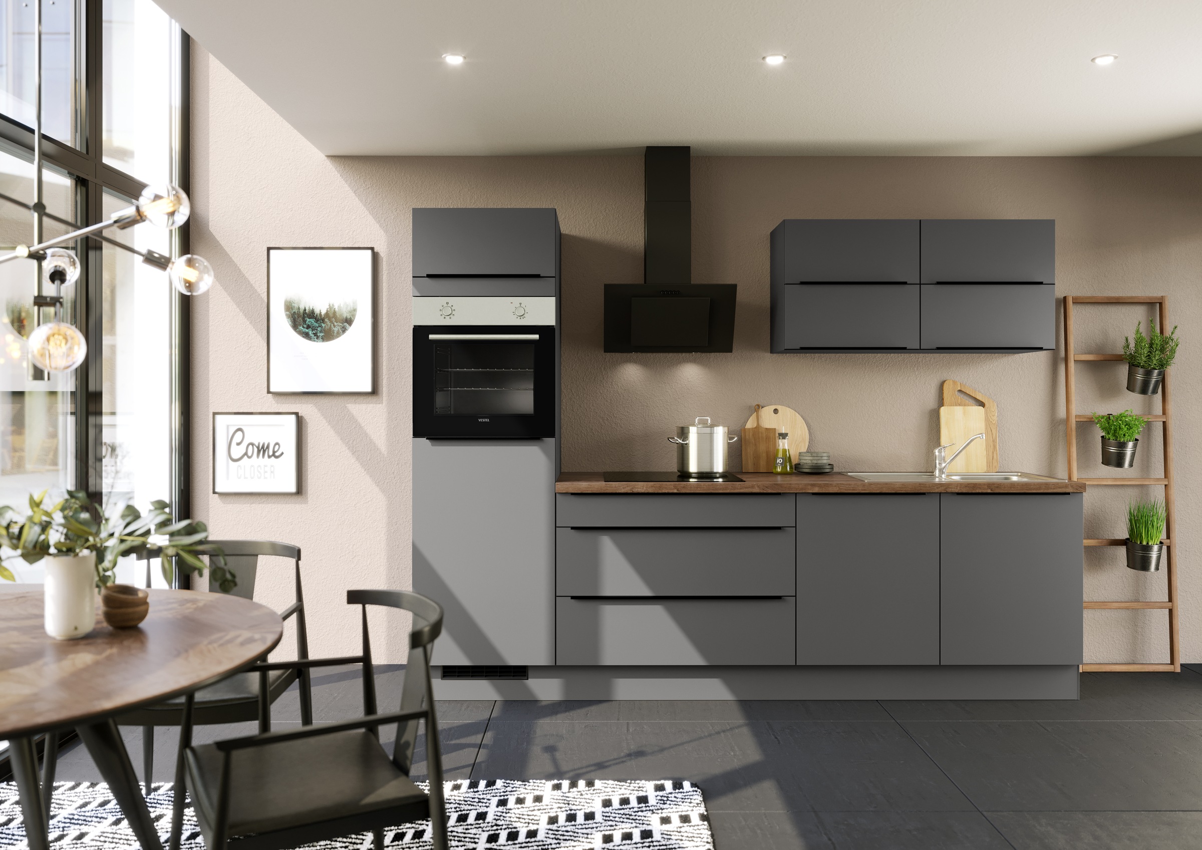 Preisvergleich für IMPULS KÜCHEN Küchenzeile Toledo, Ausrichtung wählbar, Schubkästen mit Soft-Close, vormontiert, wahlweise mit E-Geräten,, BxHxT 280x60x206.2 cm, in der Farbe Grau, aus Holzwerkstoff