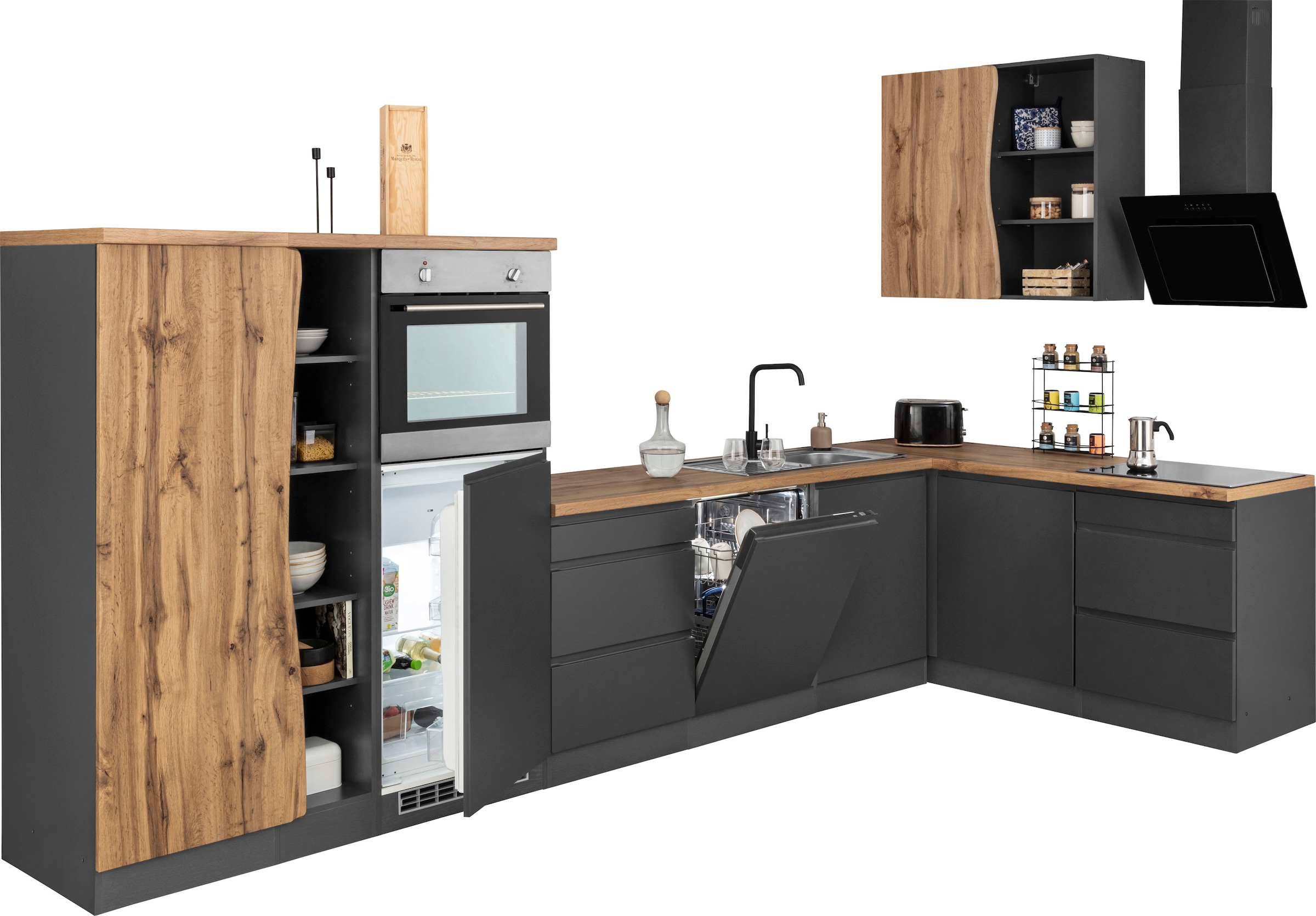 KOCHSTATION Winkelküche »KS-Bruneck«, Stellbreite 380/180 cm breit, ohne E-Geräten, MDF Fronten