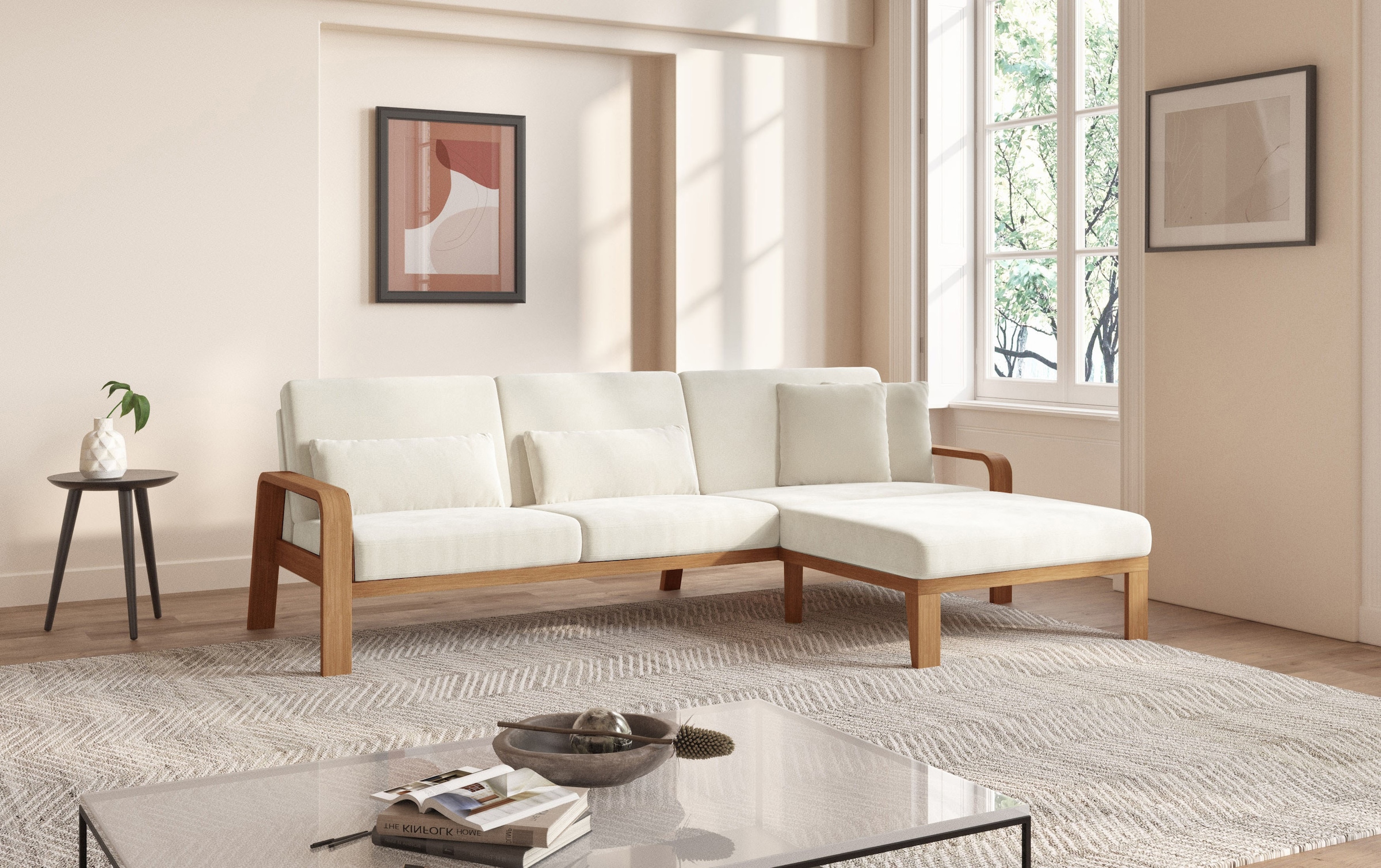 sit&more Ecksofa »Kolding L-Form«, Armlehnen aus eichefarbigem Buchenholz, verschiedene Bezüge und Farben