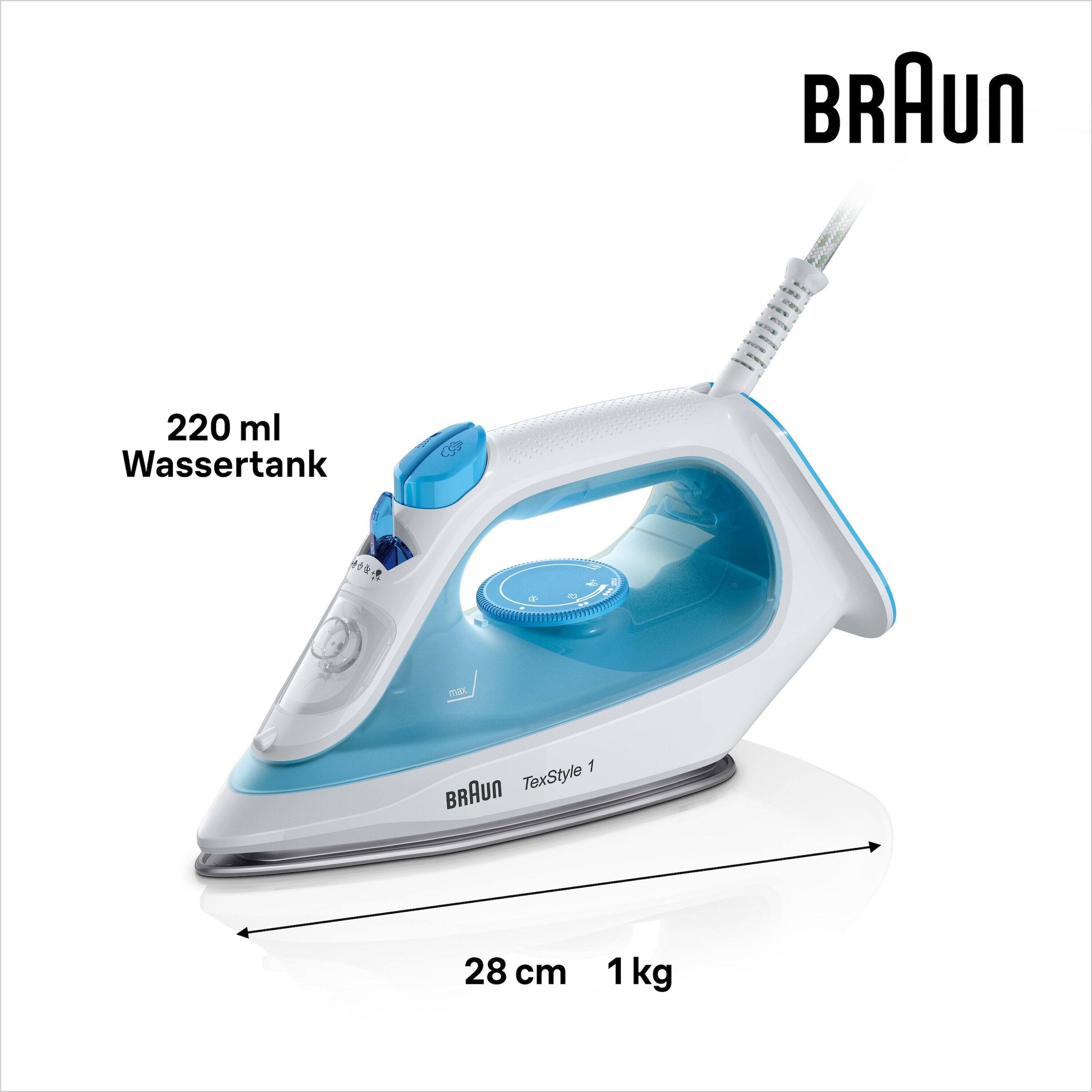 Braun Dampfbügeleisen »TexStyle 1 SI 1050 BL - 2.000 W, 120 g Dampfstoß, 220 ml Wassertank« 2000 W 25 g Dampfmenge, SuperCeramic Bügelsohle, 35 Sek. Aufheizzeit