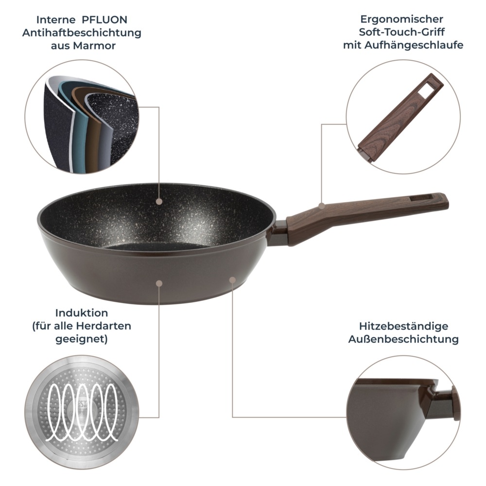 RESTO Kitchenware Bratpfanne »Carina, tiefe Schmorpfanne mit holzähnlichem Soft-Touch-Griff«, Aluminium, (1 tlg.), mit Marmor-Antihaftbeschichtung, 4-lagig, für alle Herdarten geeignet