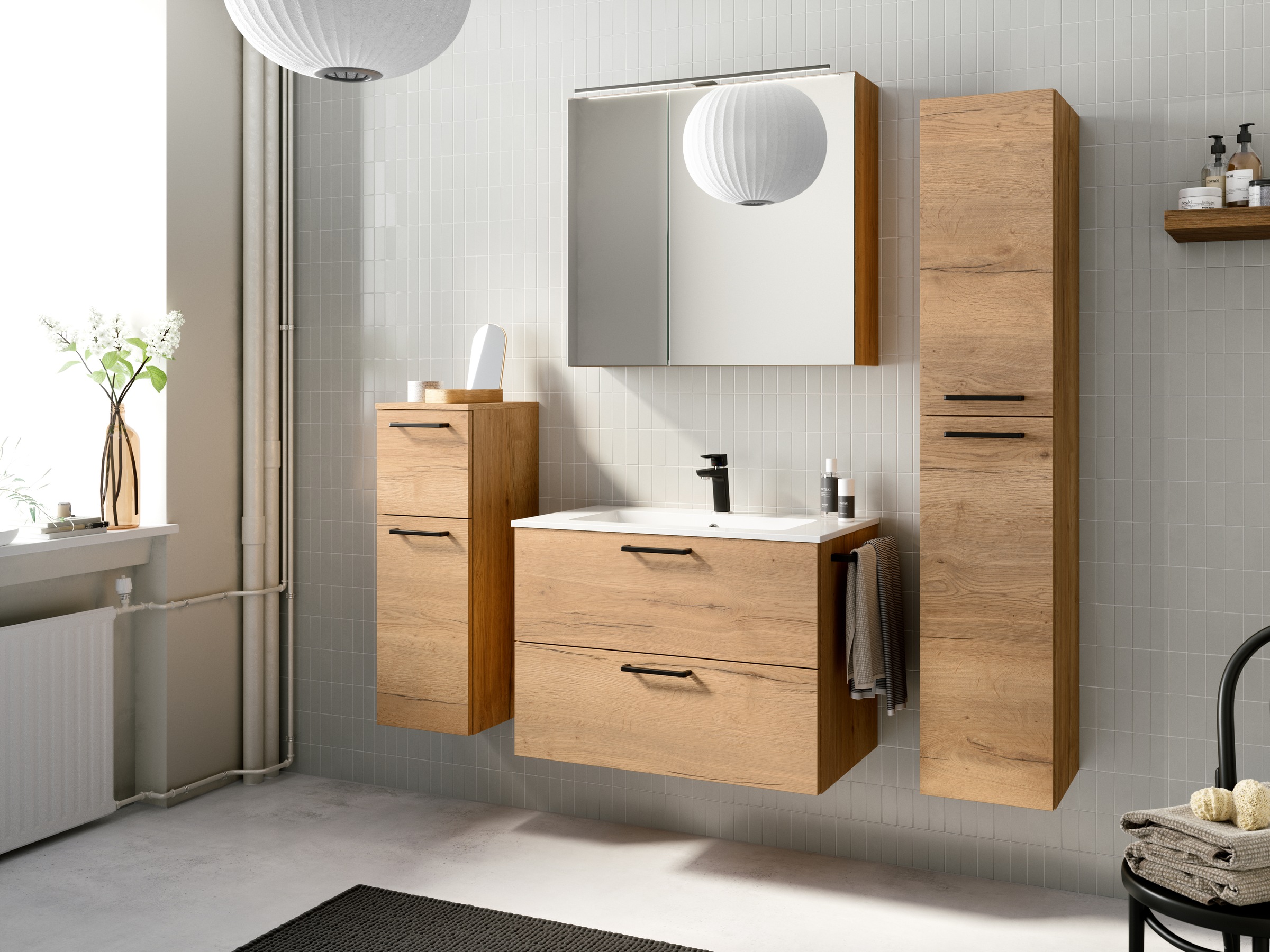 nobilia® Badmöbel-Set »Tolvina«, (2 St., vormontiert, mit Soft-Close), inkl. Spiegelschrank mit Beleuchtung und Dimmerfunktion, in 4 Breiten