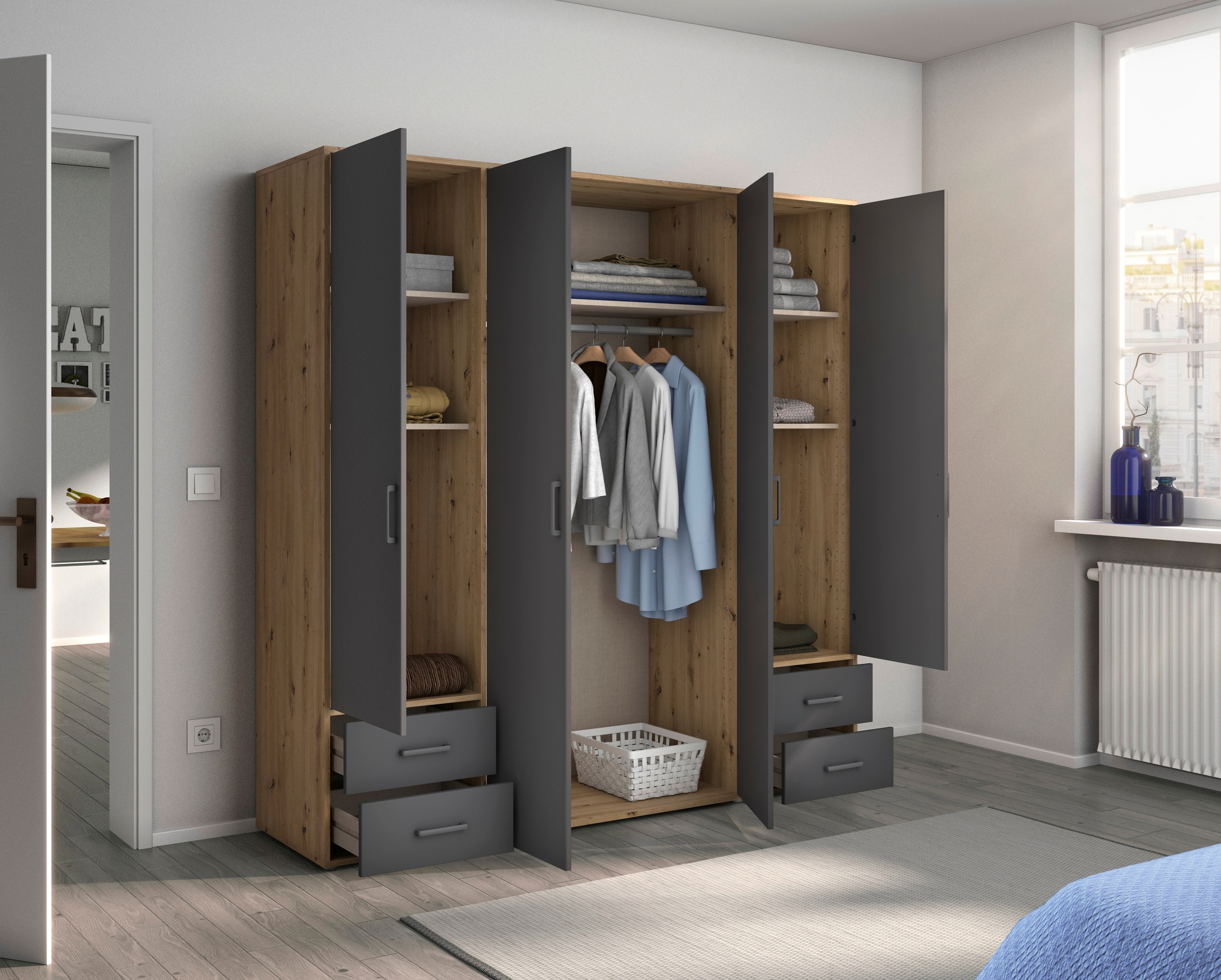 rauch Drehtürenschrank »Voyager, Kleiderschrank mit Außenschubkästen, Garderobe«, (in 3 verschiedenen Ausstattungen BASIC/CLASSIC/PREMIUM), Made in Germany