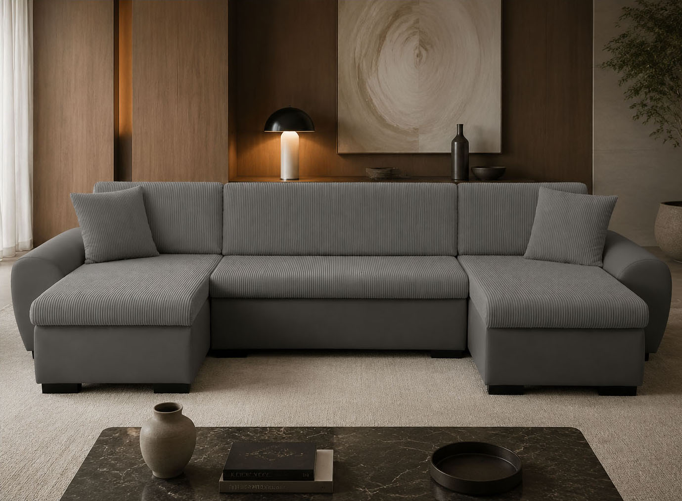 OTTO home Wohnlandschaft "KIVELLA Cord-Struktur, U-Form, 307 cm" Schlaffunktion(128/257), Bettkasten, Cord-Struktur-Mix