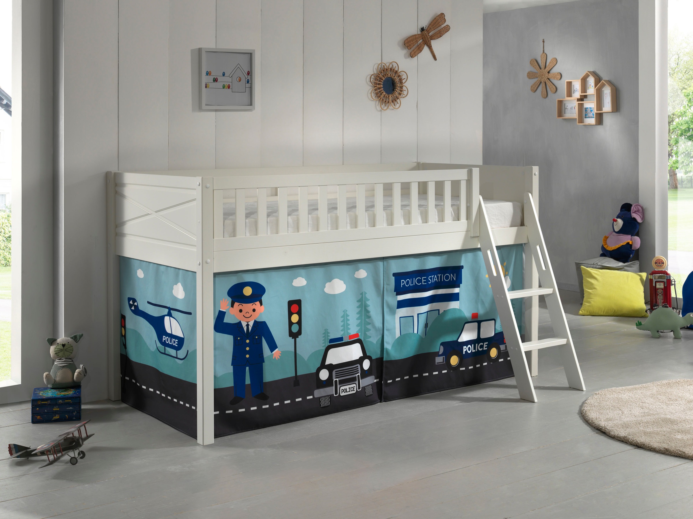 Vipack Hochbett »Scott«, (Made in Europe), mit schräger Leiter, LF 90x200 cm, Vorhang, Tunnel, 7 Designs