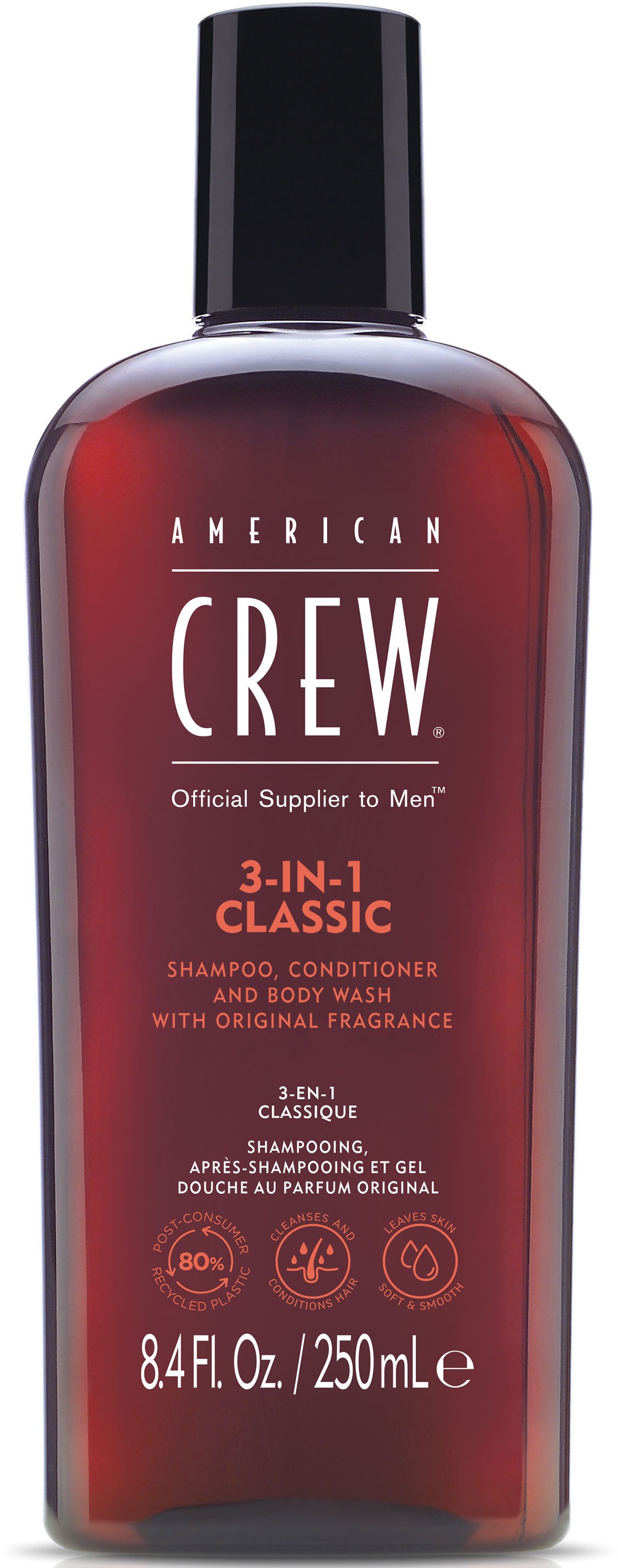 AMERICAN CREW Kinder Haarshampoo "3In1 Classic Shampoo, Conditioner & Body Wash 250 ml", 250ml, braun, Haarpflegemittel, Für Herren aller Haartypen,