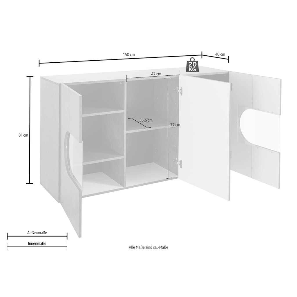 INOSIGN Sideboard »Real,Vitrine,Kommode,Schrank,Breite 150cm komplett hochglanz lackiert«, mit 3 Türen davon 2 Glastüren ohne Griff