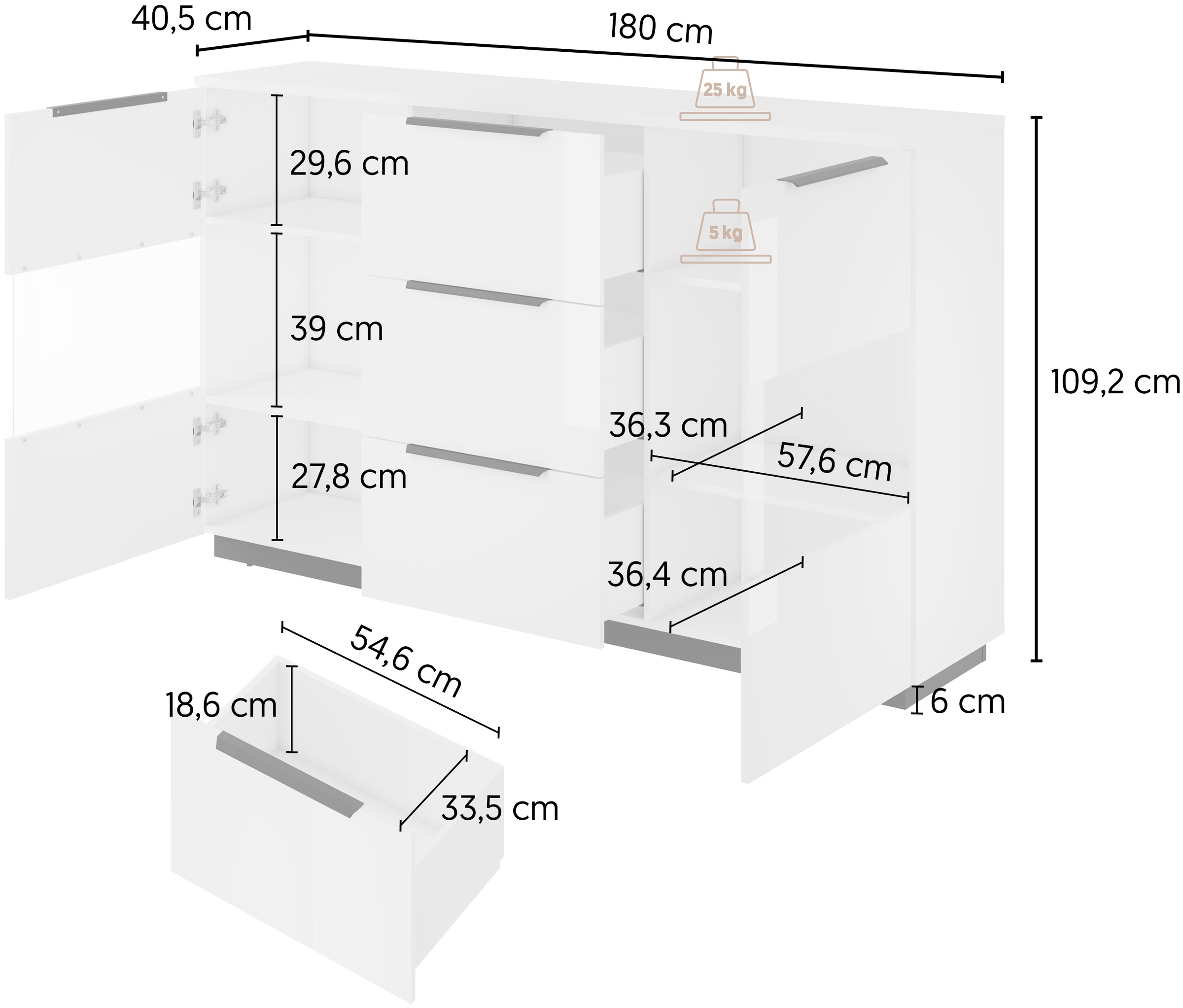 Home affaire Highboard »Tuluza, Breite 180 cm, moderne Hochkommode mit geräumiger Stauraum« Hochkommode mit 3 Schubladen, 6 Fächern, Glastüren, Hochglanzfront