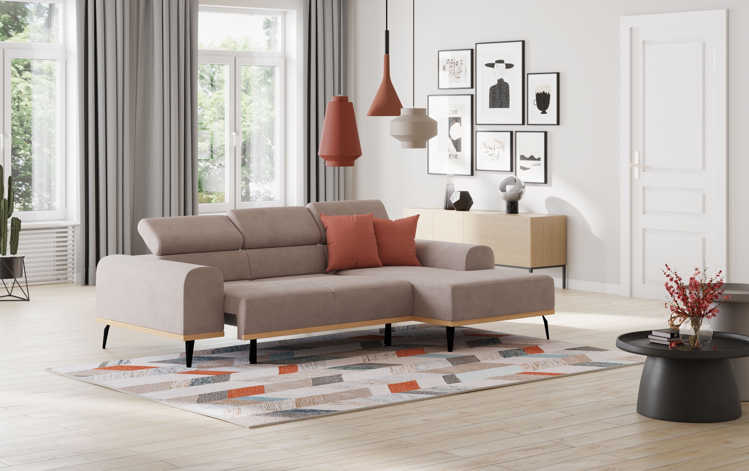 Places of Style Ecksofa »Carlo L-Form«, mit Kopfteilverstellung & Holz-Rahmenoptik, wahlweise Relaxfunktion