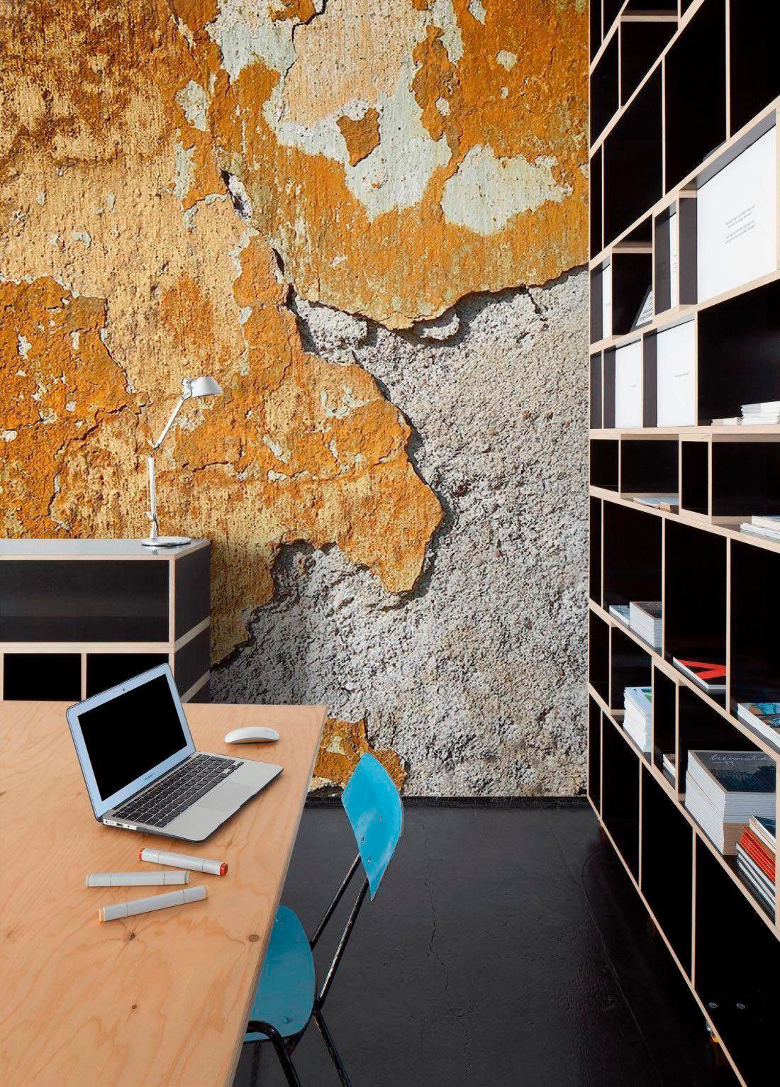 living walls Fototapete »Beton Vintage«, Fototapeten Betonoptik Grau Gold 3,50 m x 2,55 m Vintage Tapete