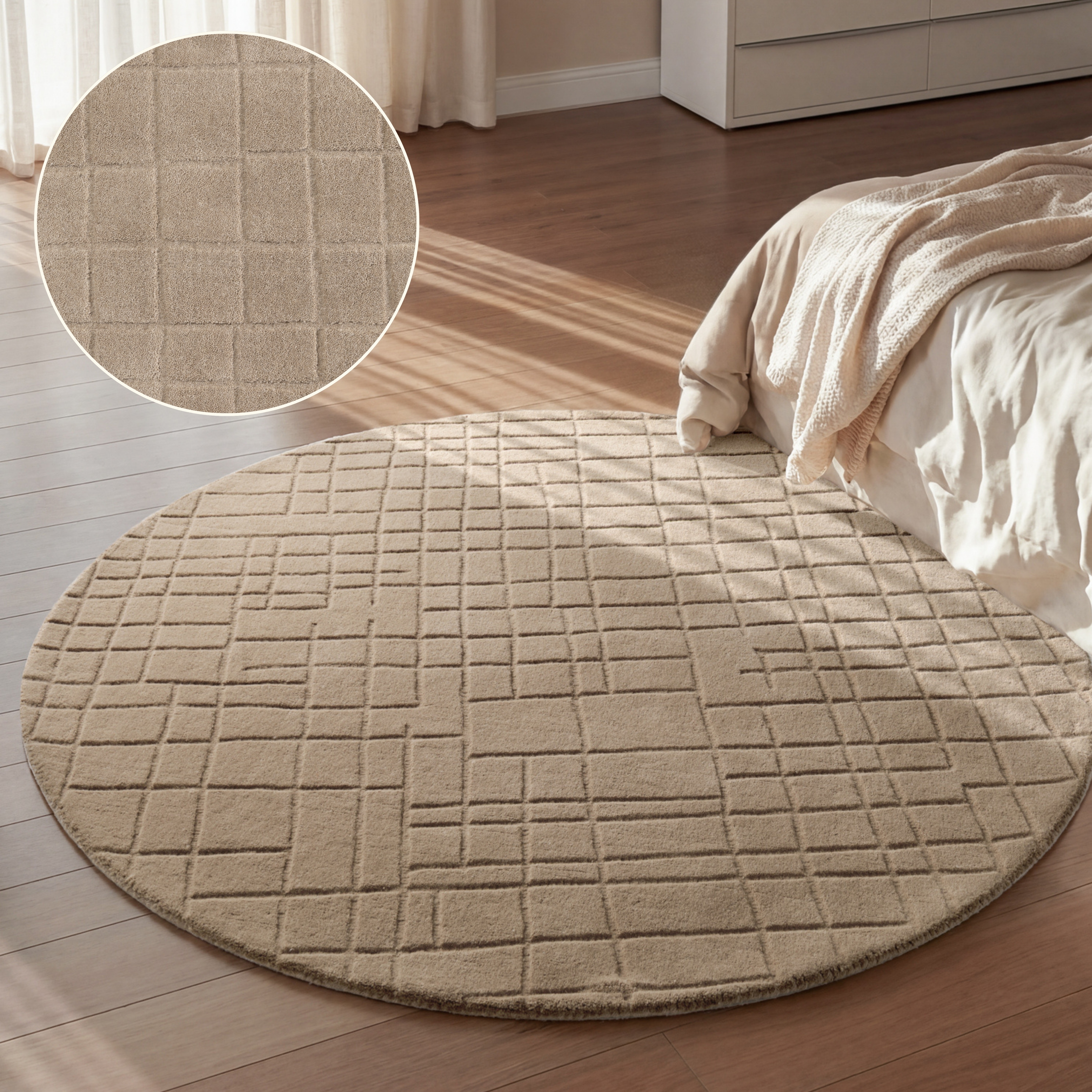 Villeroy & Boch Wollteppich "Kenso" rund 15 mm Höhe Wolle, Kariert, Natur, Handgemacht, Wohnzimmer, Schlafzimmer, Hygge