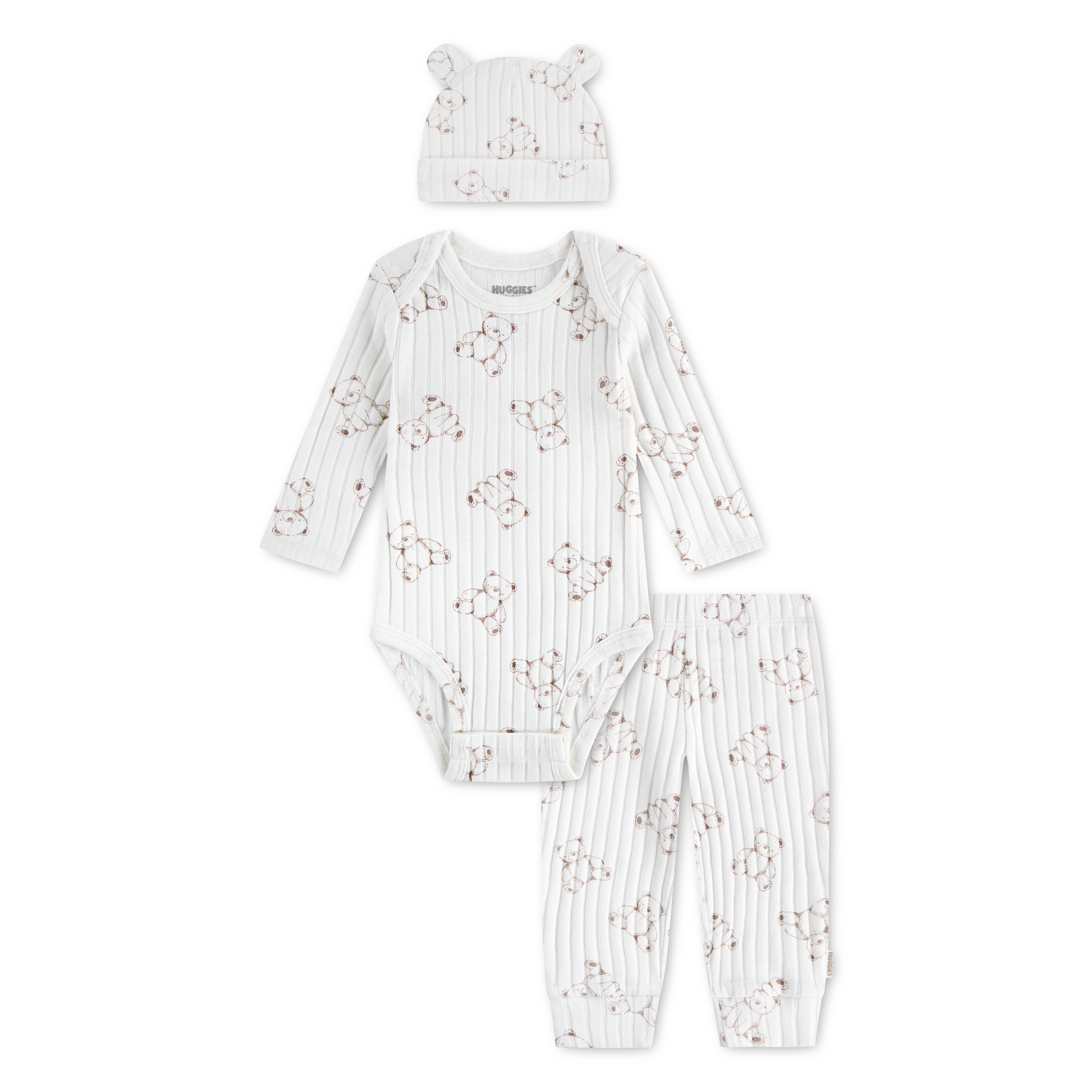 HUGGIES babywear Body & Hose "HUGN BODYSUIT PANT SET + ATTAC" Set, 3 mit Allover-Bärchenprint und passendem Mützchen