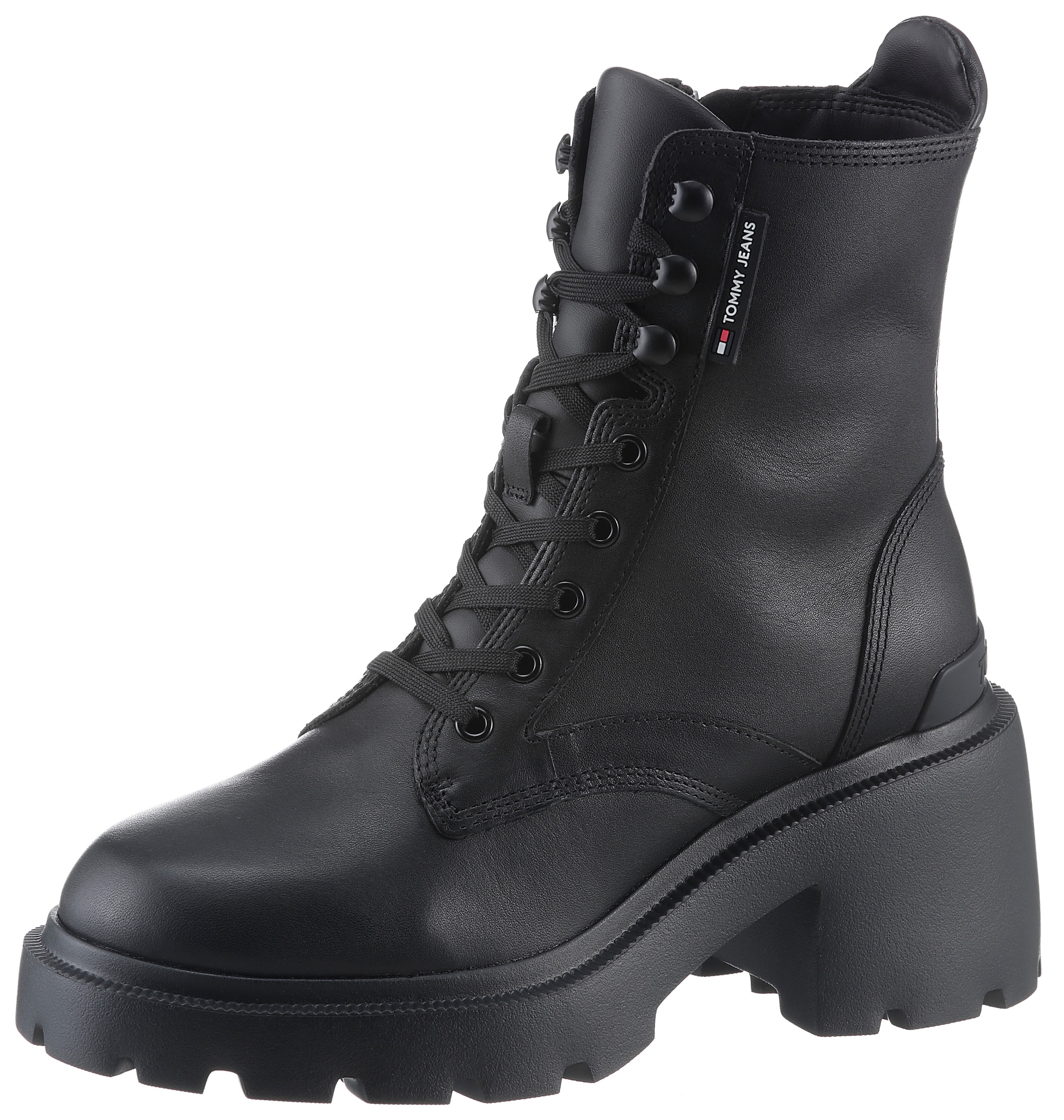 Tommy Jeans Schnürstiefelette "TJW MID HEEL BOOT LEATHER", Blockabsatz, Plateau, Schnürboots, Chunkyboots mit Label