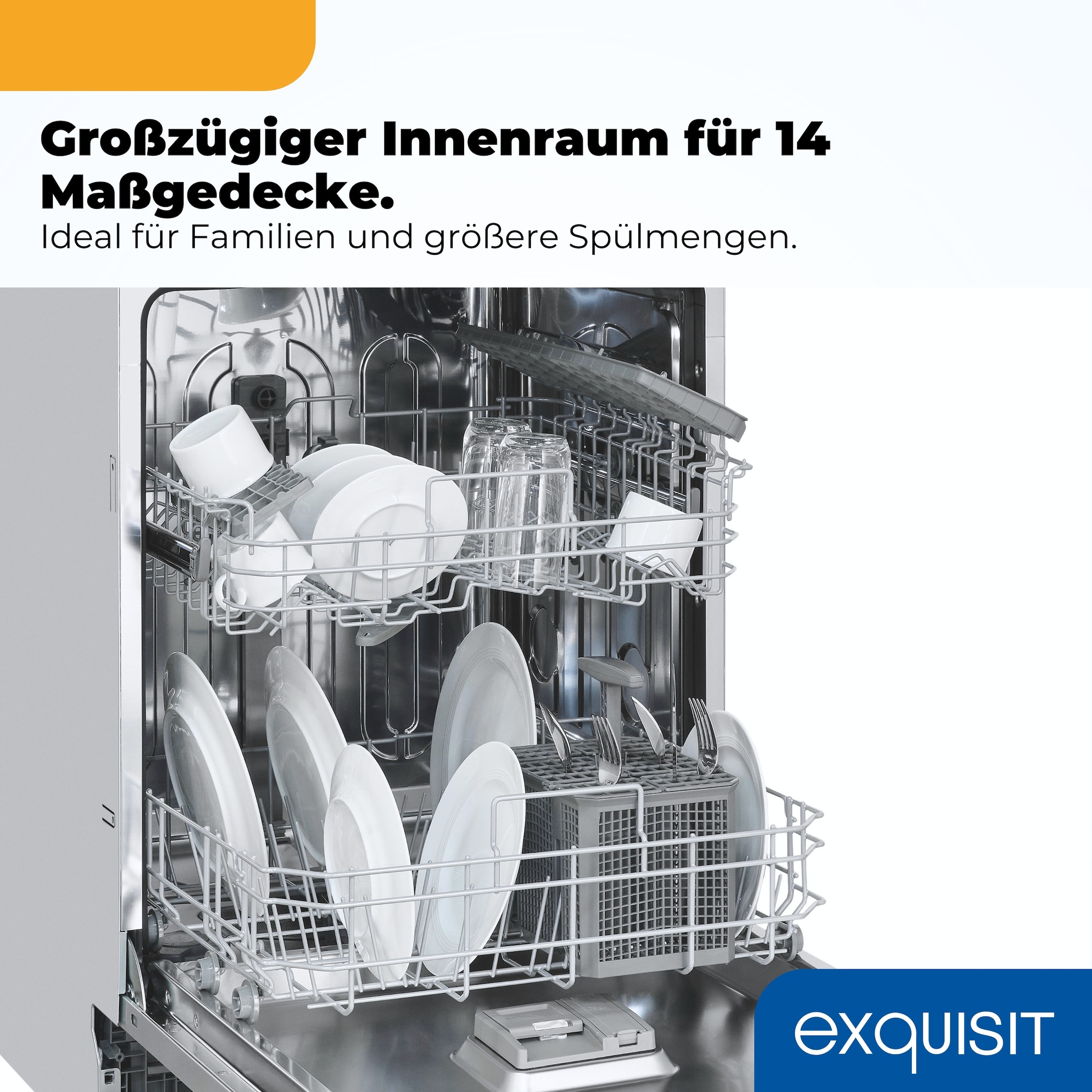exquisit vollintegrierbarer Geschirrspüler 1014 »EGSP1014-E-450D schwarz« 11,9 l 14 tlg. Maßgedecke 14 Maßgedecke & flüsterleise 49 dB – stark und angenehm ruhig