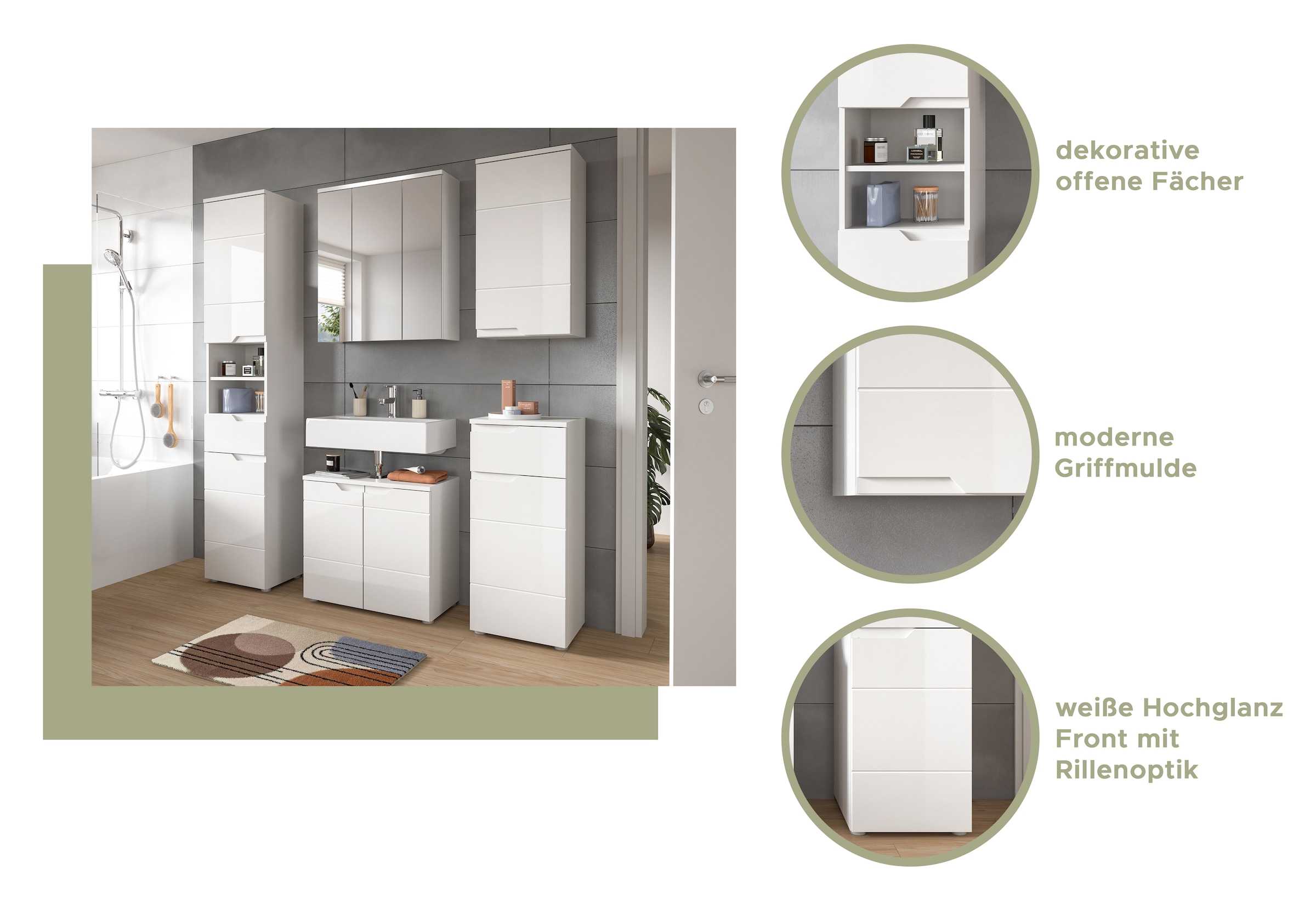 INOSIGN Badmöbel-Set »CAPRI, 3-teilig, mit eingefasster Griffmulde, bestehend aus:«, Hochschrank, Waschbeckenunterschrank und Spiegelschrank