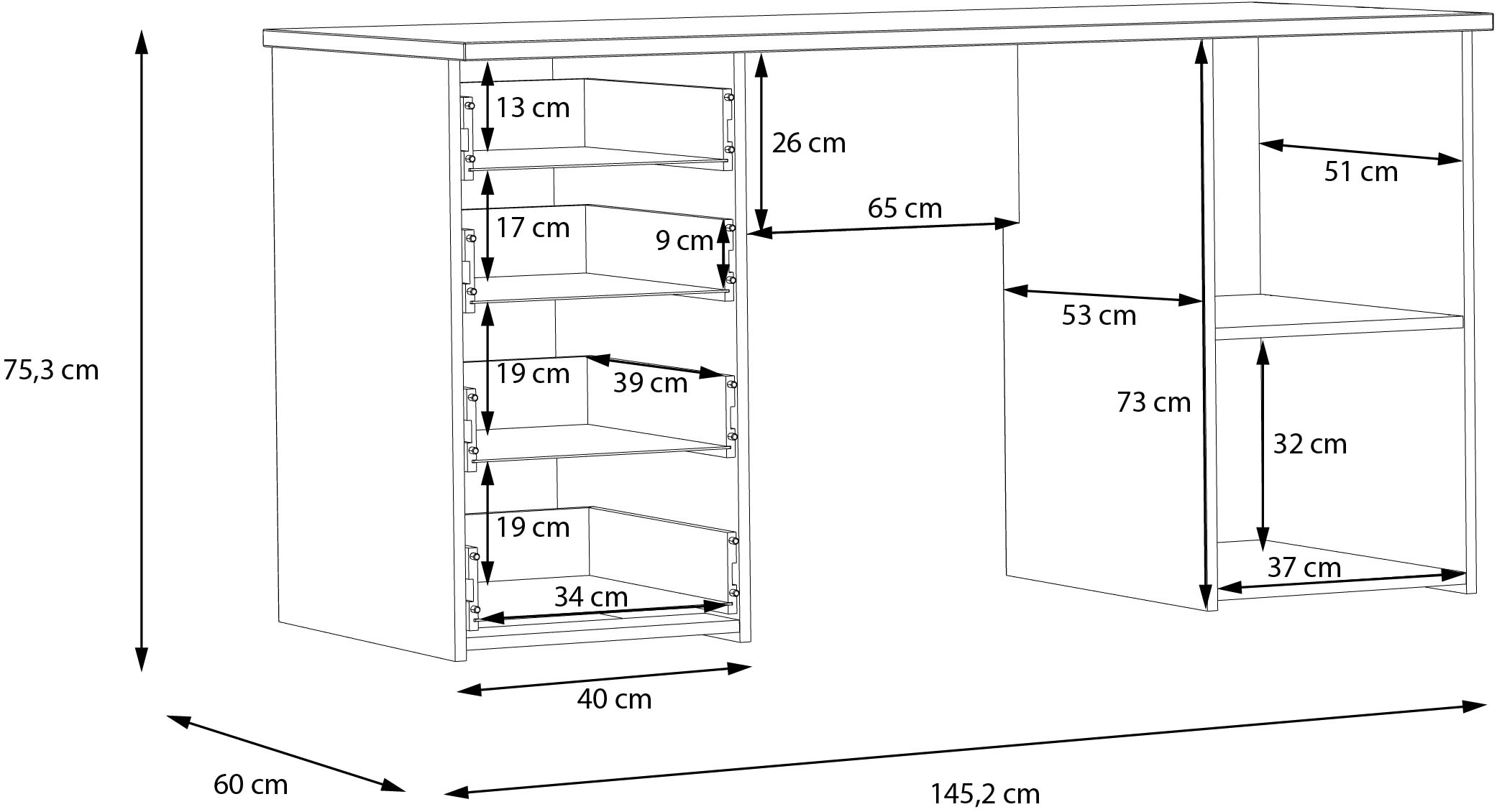 FORTE Schreibtisch »Goldsboro«, mit 4 Schubladen, Soft-Close, Metallgriffe in schwarz, Breite 145 cm