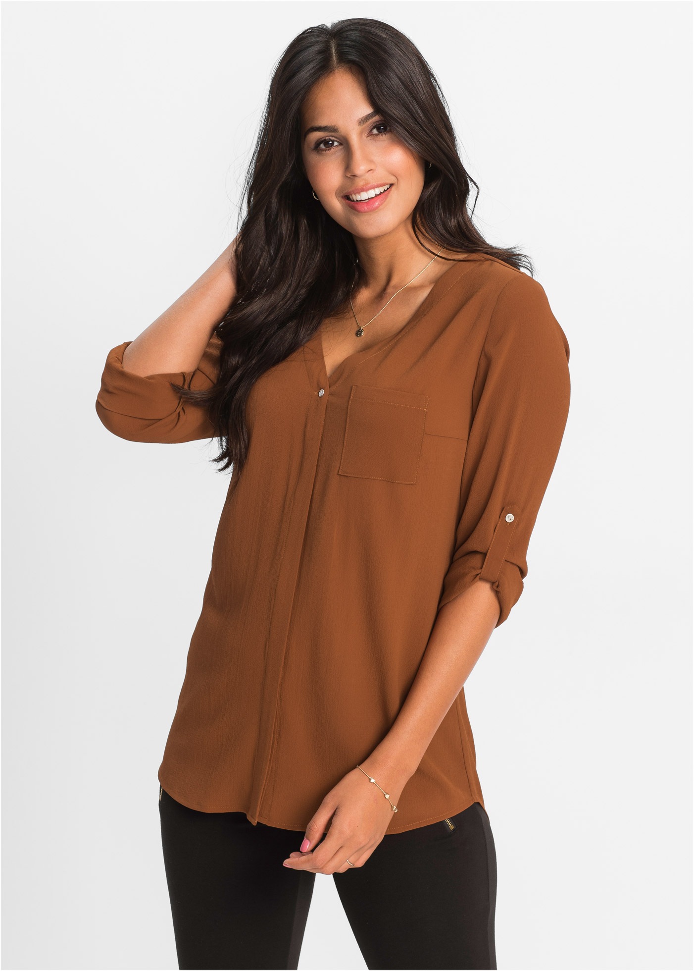 BONPRIX Damen Longbluse "Longbluse", braun, Gr. 38, unifarben, Obermaterial: 97% Polyester, 3% Elasthan, Blusen, bequeme Passform, verdeckte