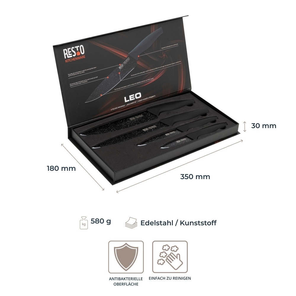 RESTO Kitchenware Messer-Set »Leo, Edelstahlmesser 4-teilig in Magnet-Geschenkbox«, (Set, 4 tlg.), Kochmesser, Tranchiermesser, Universalmesser, Gemüsemesser