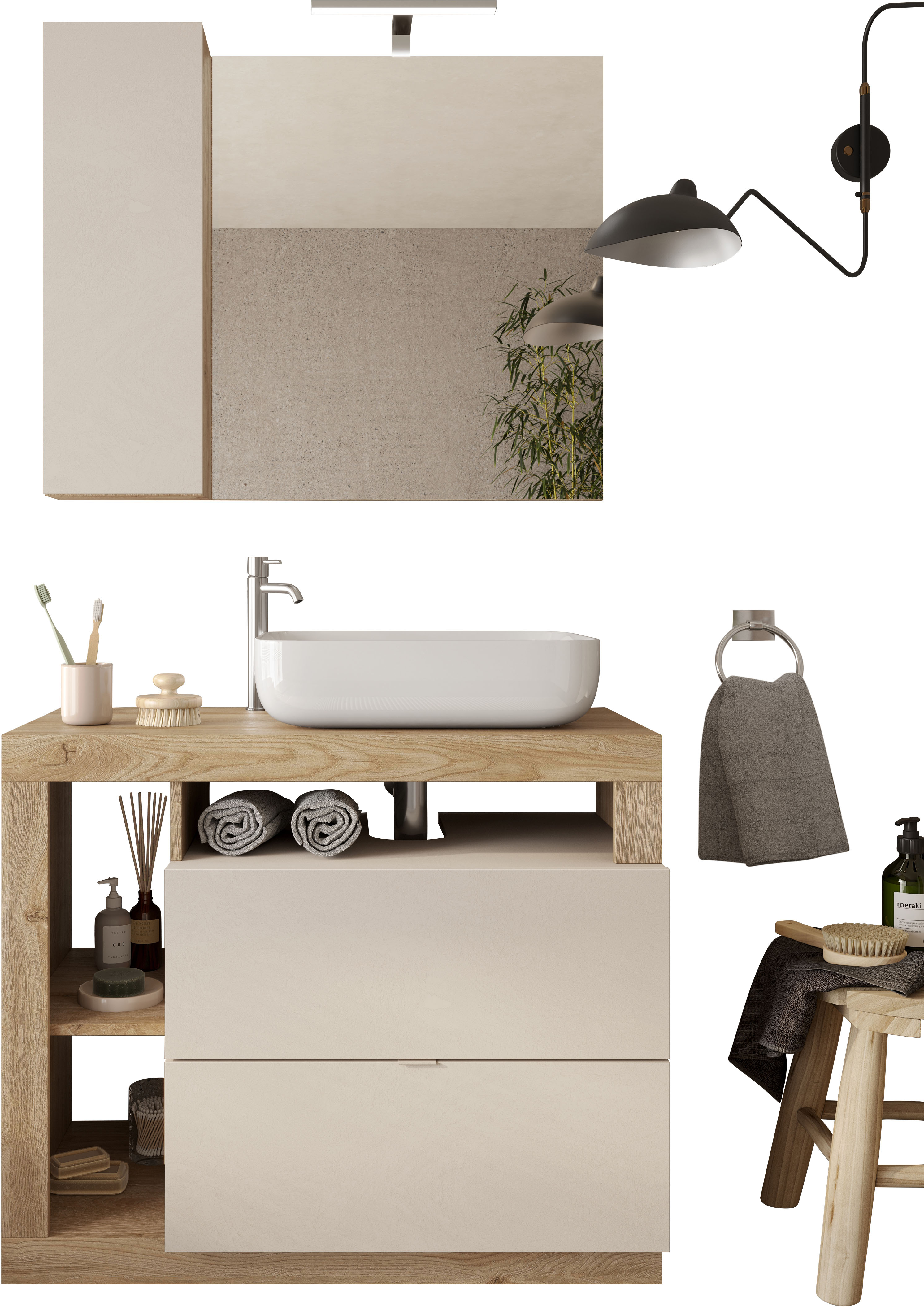 Badmöbel-Set WELLTIME, B:92cm H:190cm T:49cm, weiß, Holzwerkstoff, Kastenmöbel-Sets, "Hamburg, Badezimmerset 2tlg. Breite 92 cm, Badmöbel, Waschtisch