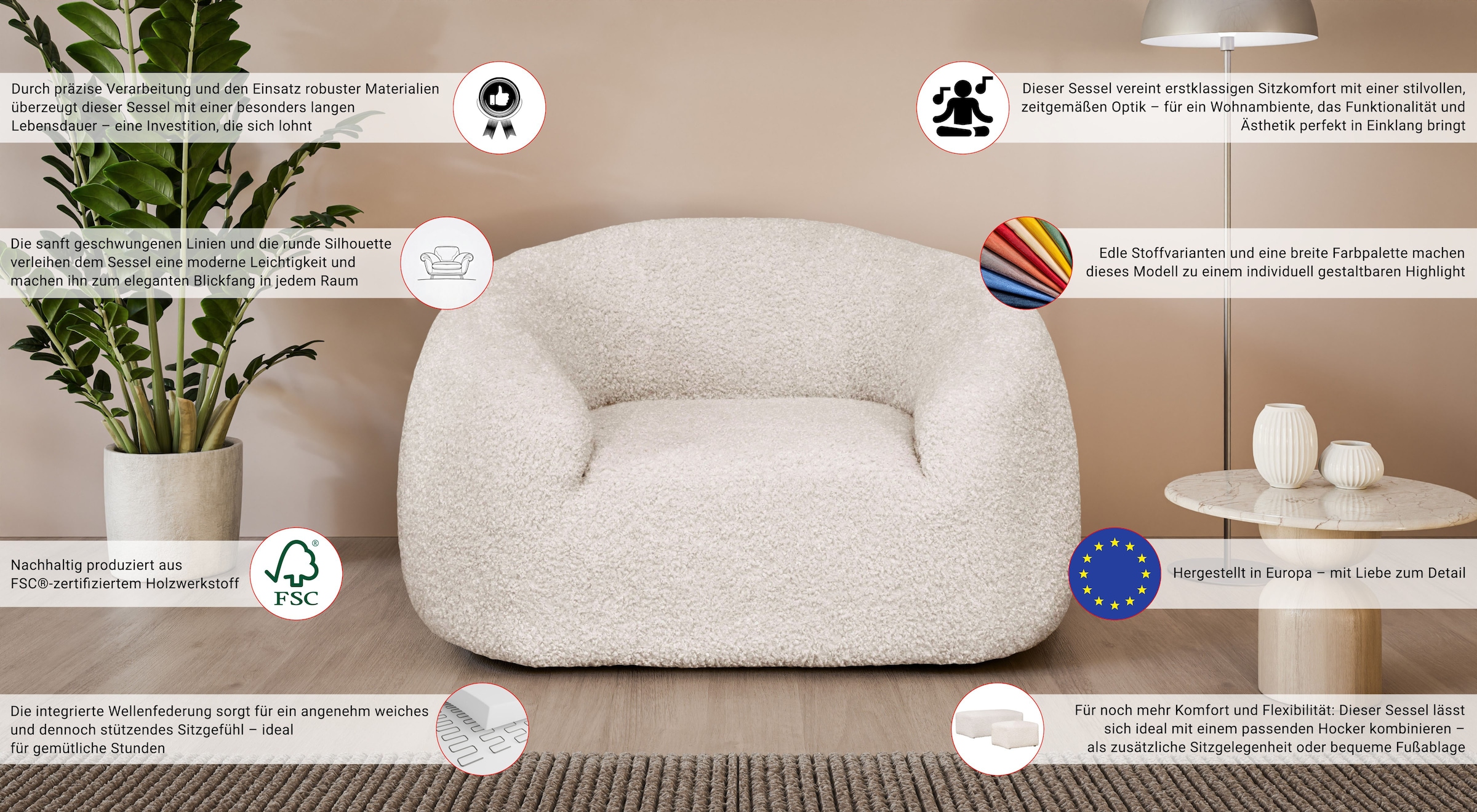 LeGer Home by Lena Gercke Sessel »YANI Relaxsessel, Loungesessel, Maße B/T/H: 127/96/76 cm«, organische Form, mit Wellenunterfederung, auch in Bouclé