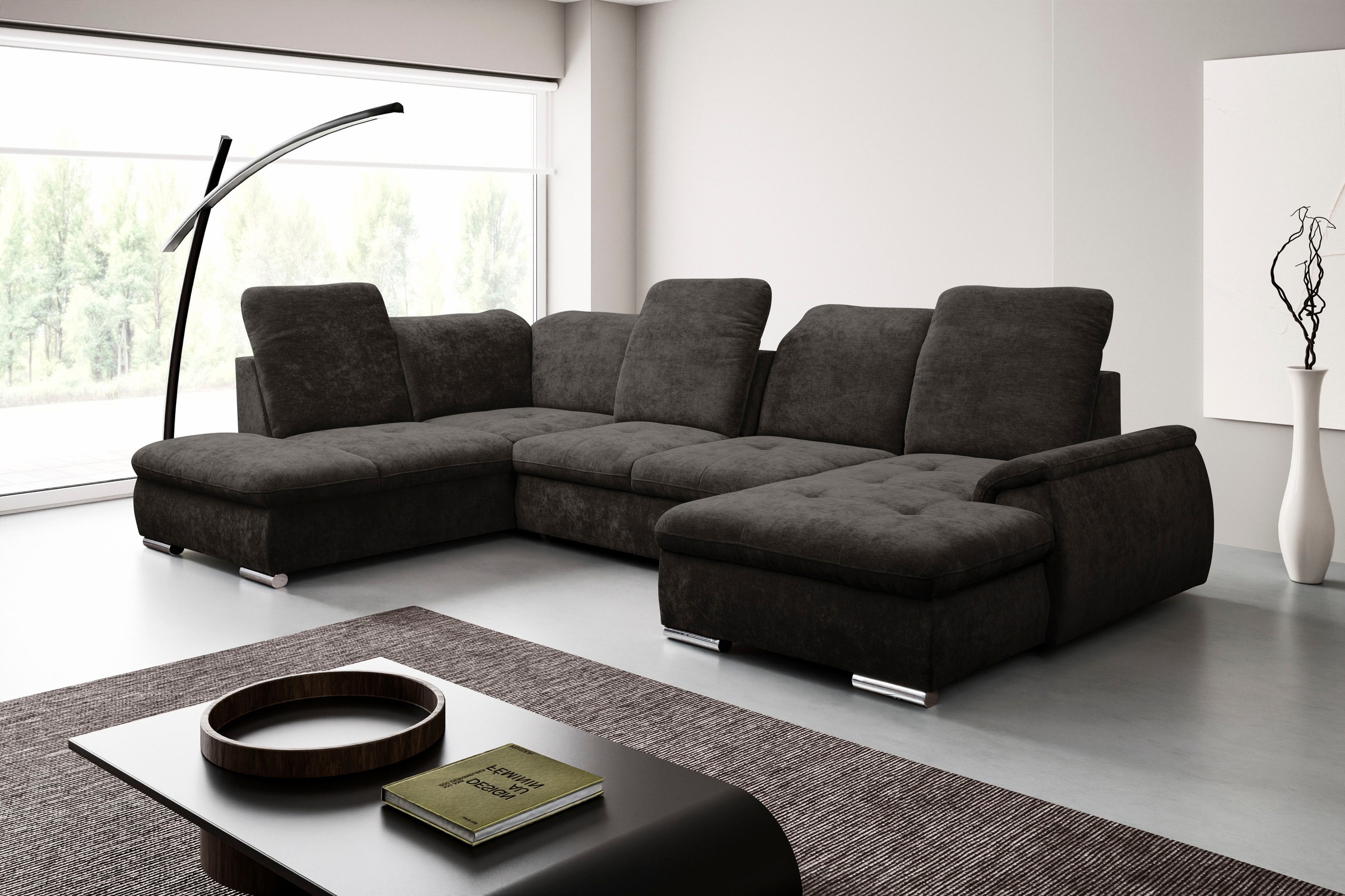 WERK2 Wohnlandschaft "Pula 356 x 237 cm modern und bequem" U-Form, XXL, Schlaffunktion, Bettkasten, verstellbare Kopfteile