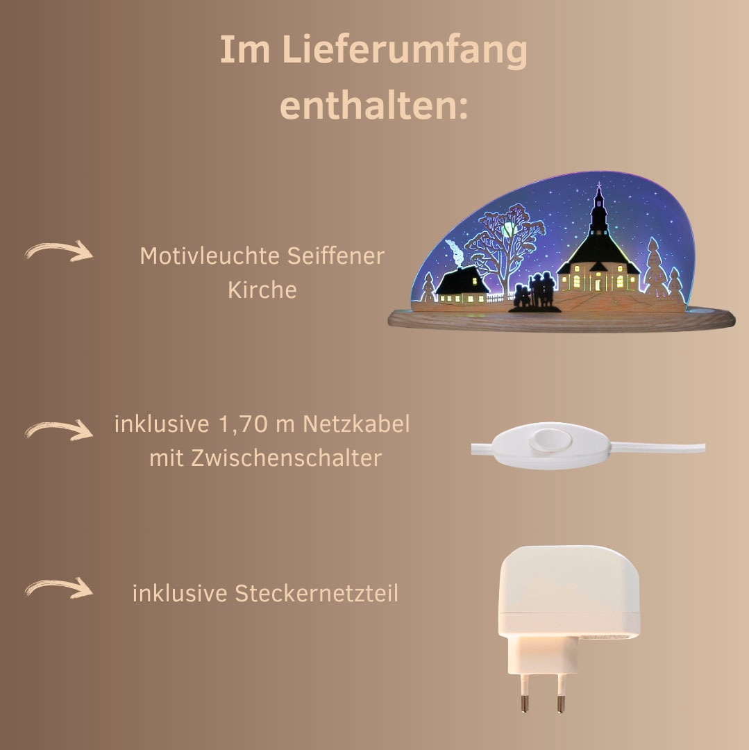 Weigla Lichterbogen »LED Seiffener Kirche, moderne Dekolampe aus Holz & Acrylglas«, Erzgebirge garantiert, Weihnachtsdeko Innen, Weihnachtsbeleuchtung