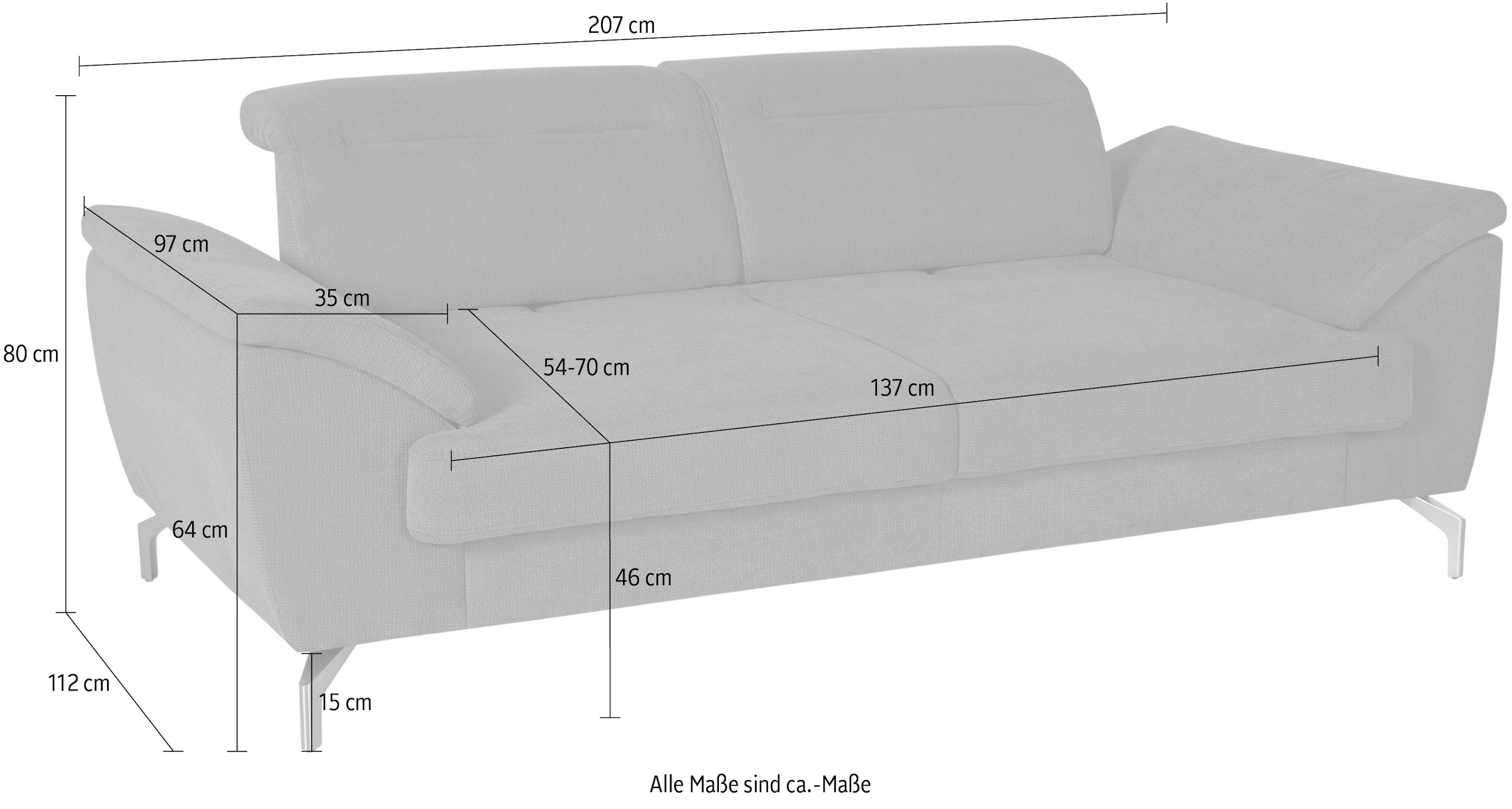 sit&more 2,5-Sitzer »Percy«, 15 cm Fußhöhe, Sitztiefenverstellung, wahlweise Kopfteilverstellung