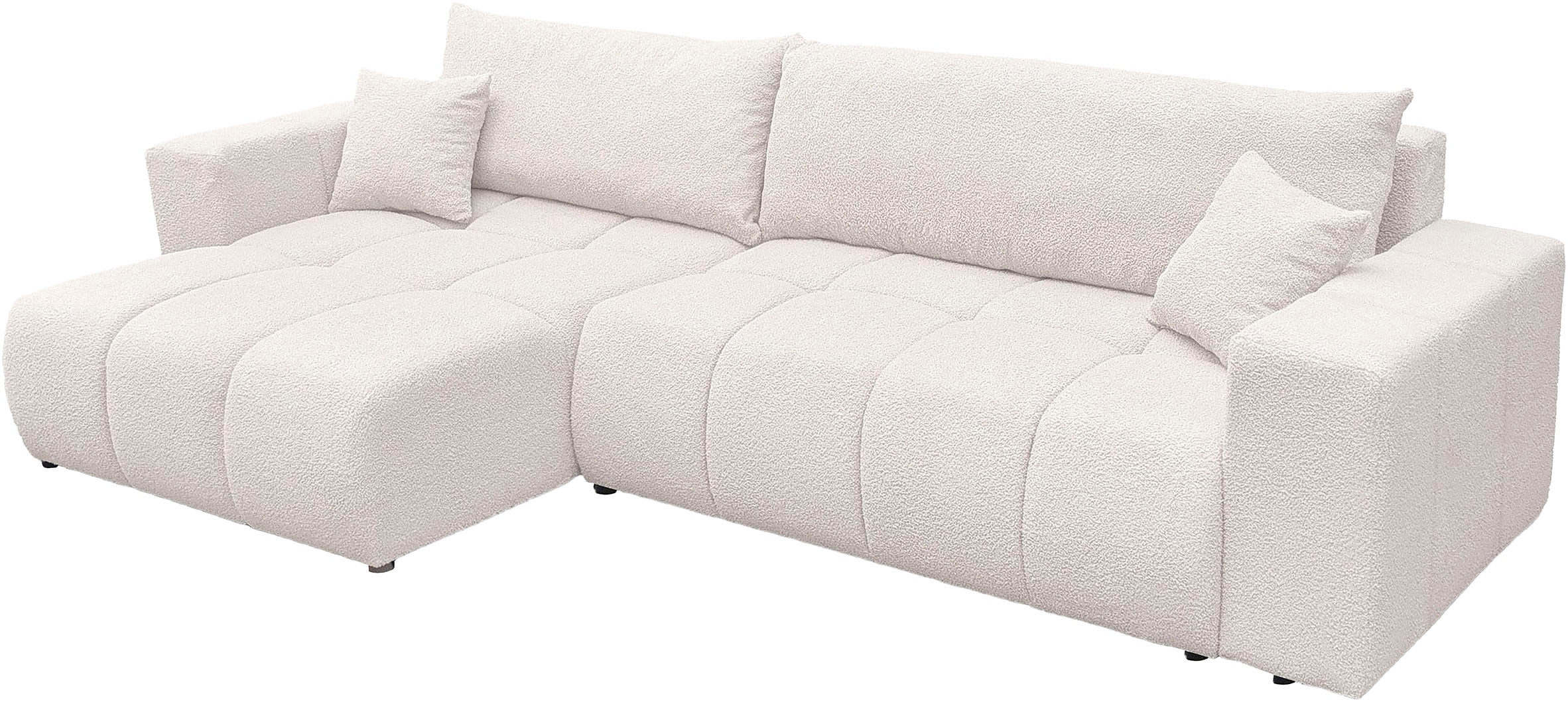 WERK2 Ecksofa »Ofi XL L-Form Sofa in Bubble-Optik mit Schlaffunktion und Bettkasten« Trendstoff Bouclé – Ottomane beidseitig montierbar, inkl. 2 Zierkissen