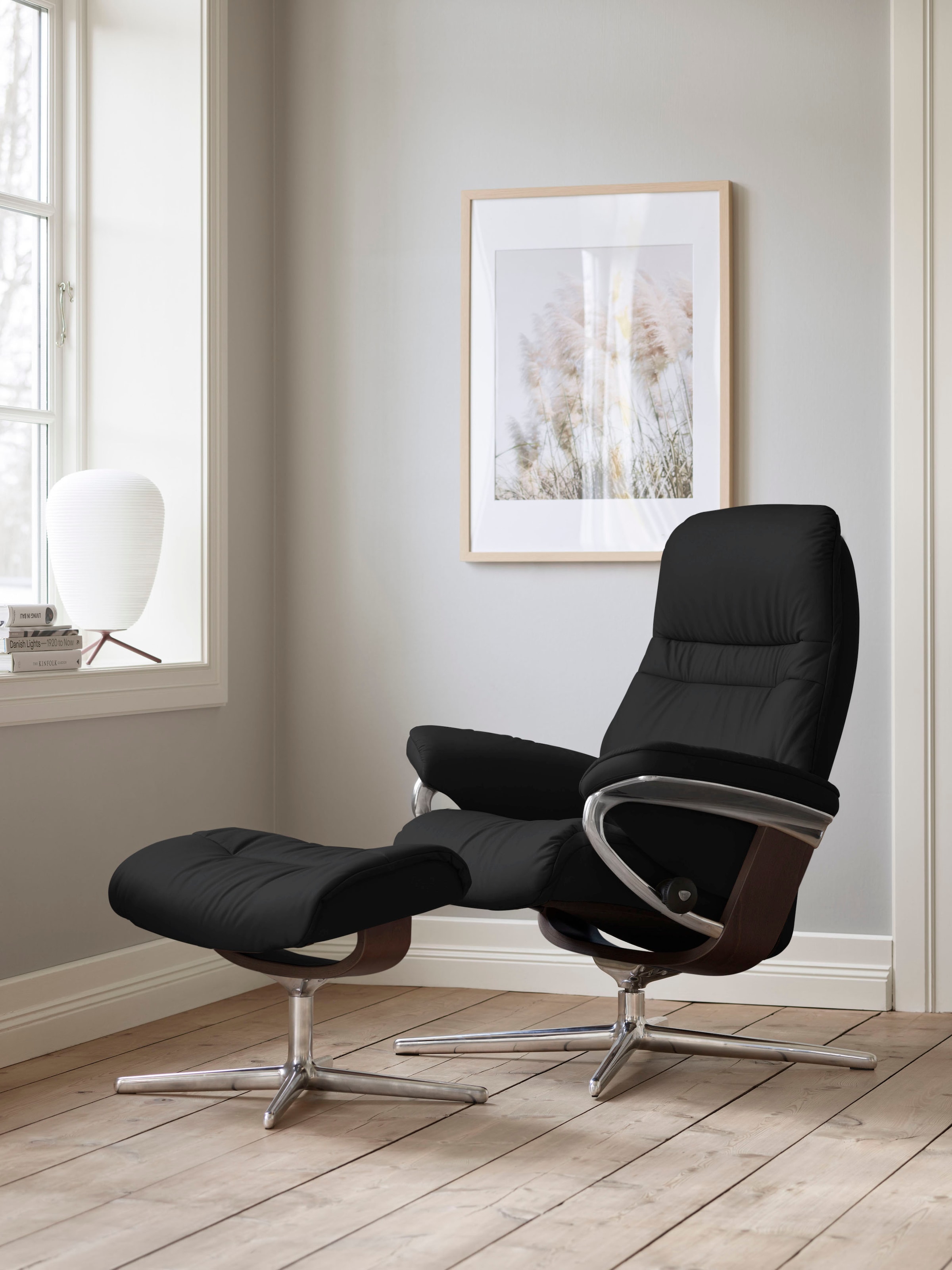 Stressless® Relaxsessel »Sunrise«, (Set, Relaxsessel mit Hocker), mit Hocker, mit Cross Base, Größe S, M & L, Holzakzent Braun